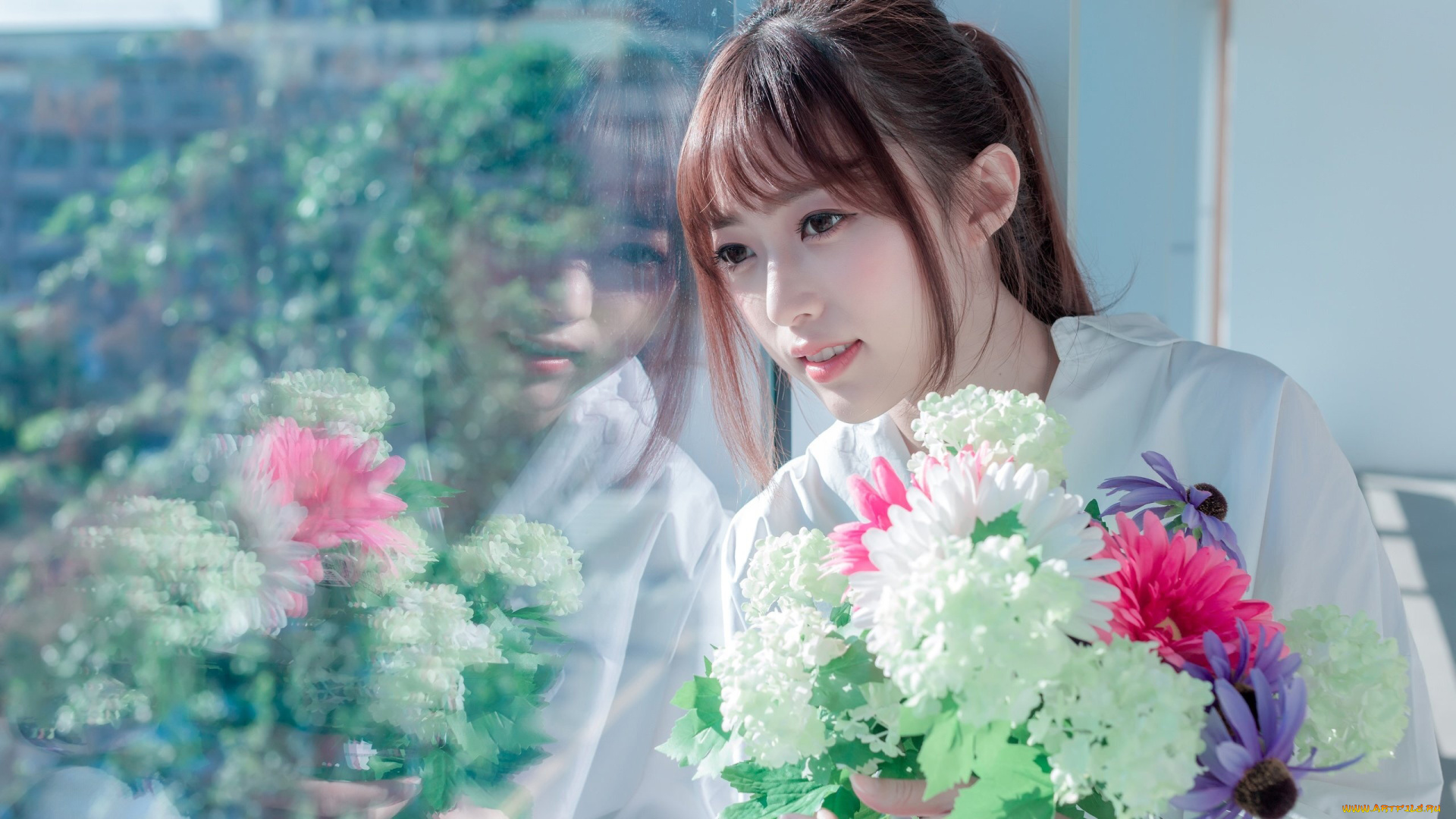 девушки, -, азиатки, азиатка, окно, букет