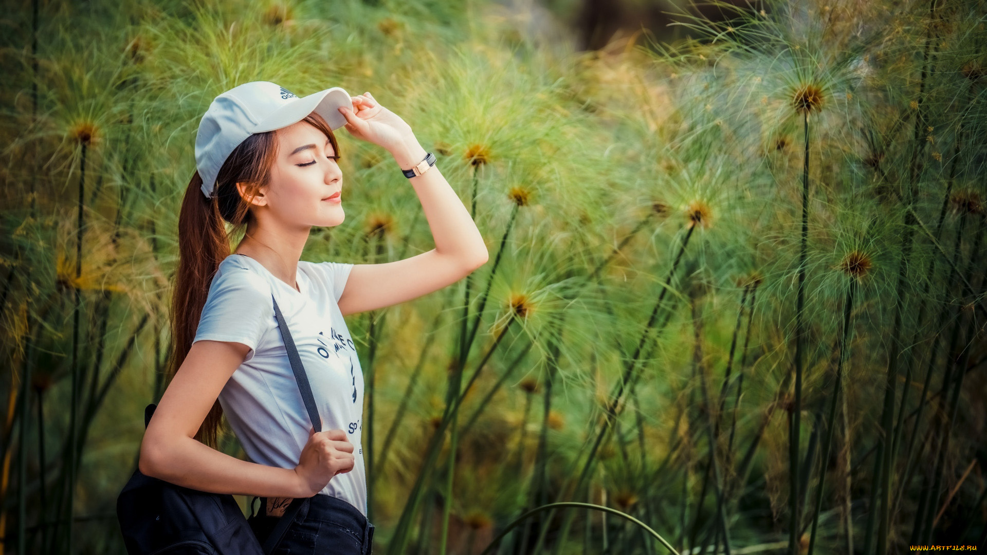 девушки, -, азиатки, азиатка, рюкзак, кепка