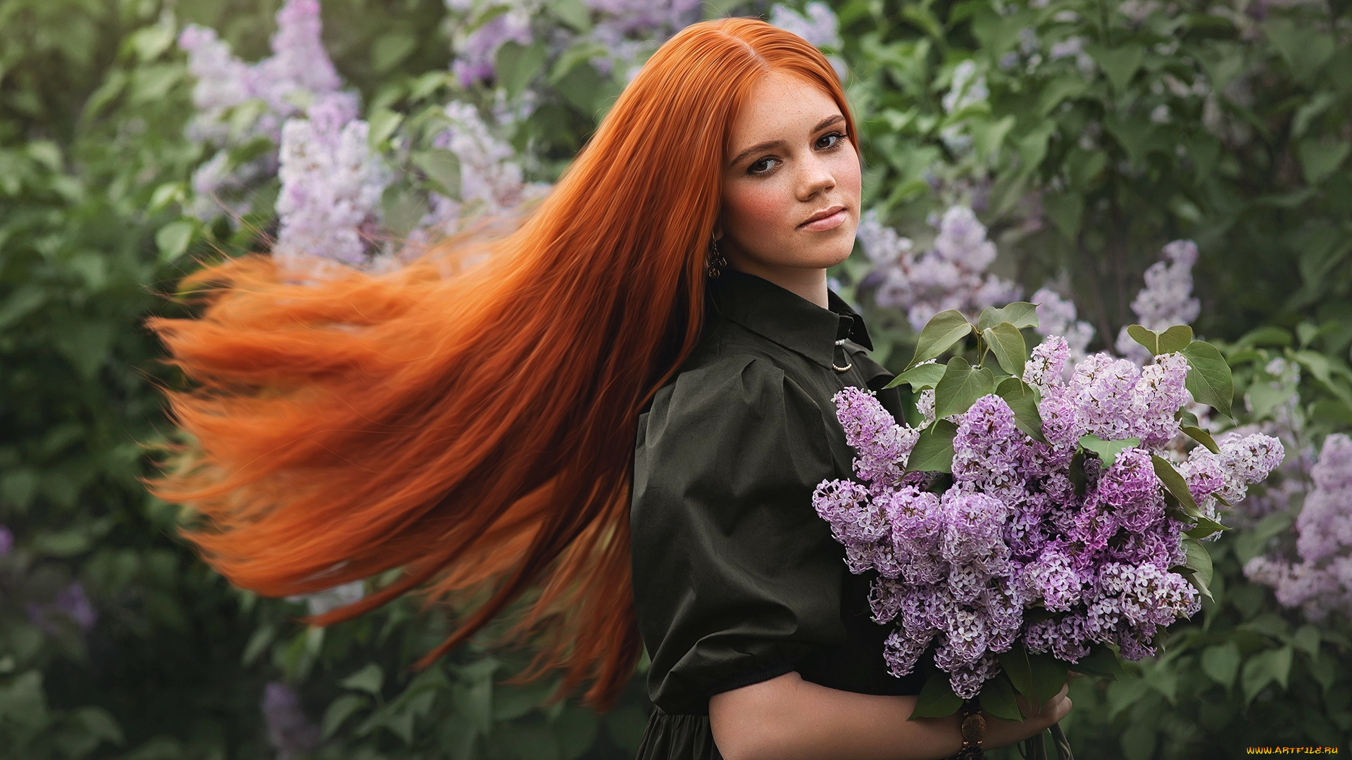 девушки, -, рыжеволосые, и, разноцветные, кусты, сирень, рыженькая