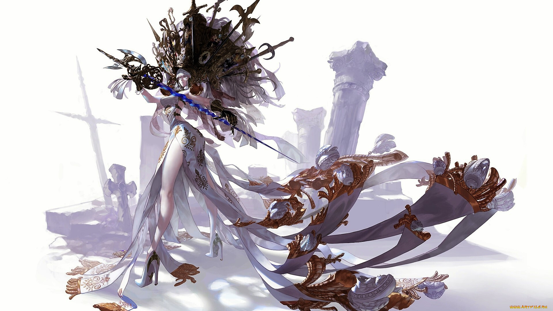 фэнтези, девушки, девушка, оружие, колонны