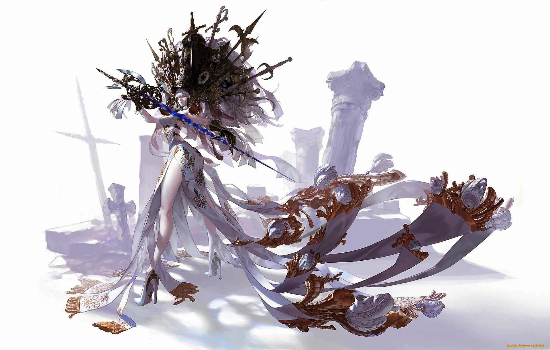 фэнтези, девушки, девушка, оружие, колонны