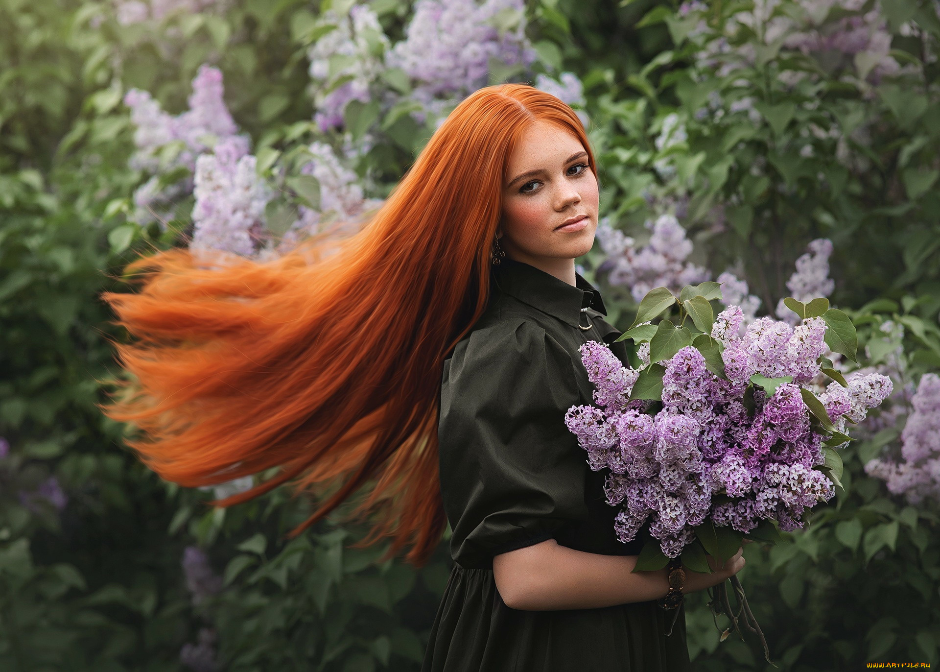 девушки, -, рыжеволосые, и, разноцветные, кусты, сирень, рыженькая