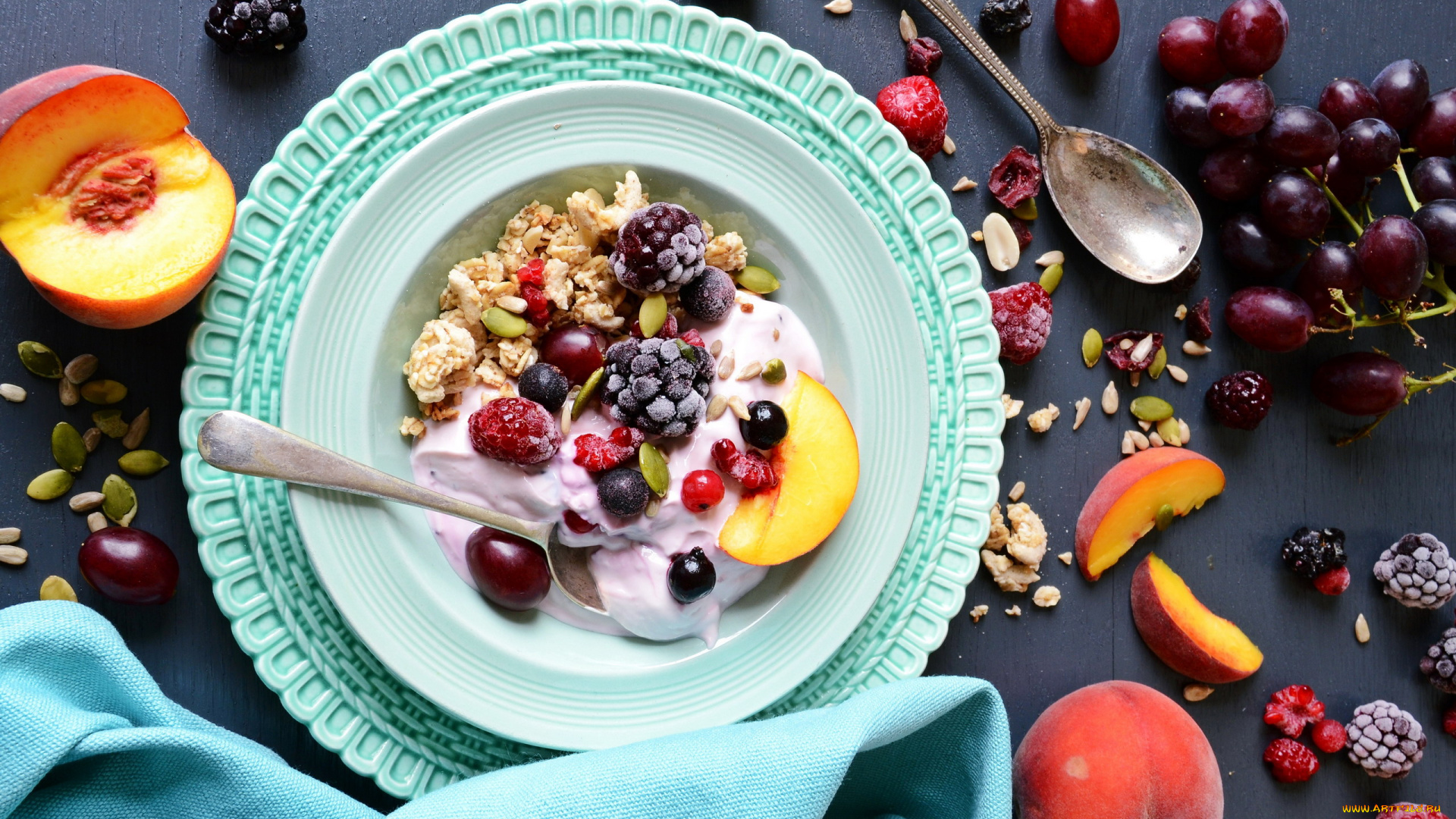 еда, мюсли, , хлопья, виноград, персик, ежевика