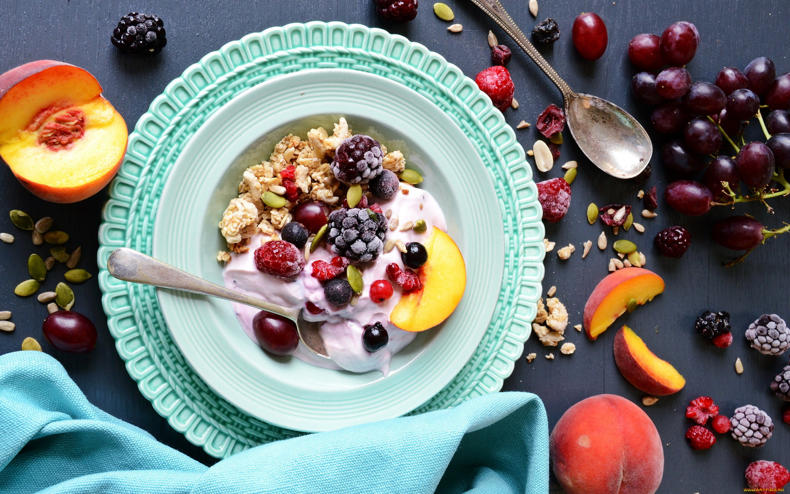 еда, мюсли, , хлопья, виноград, персик, ежевика