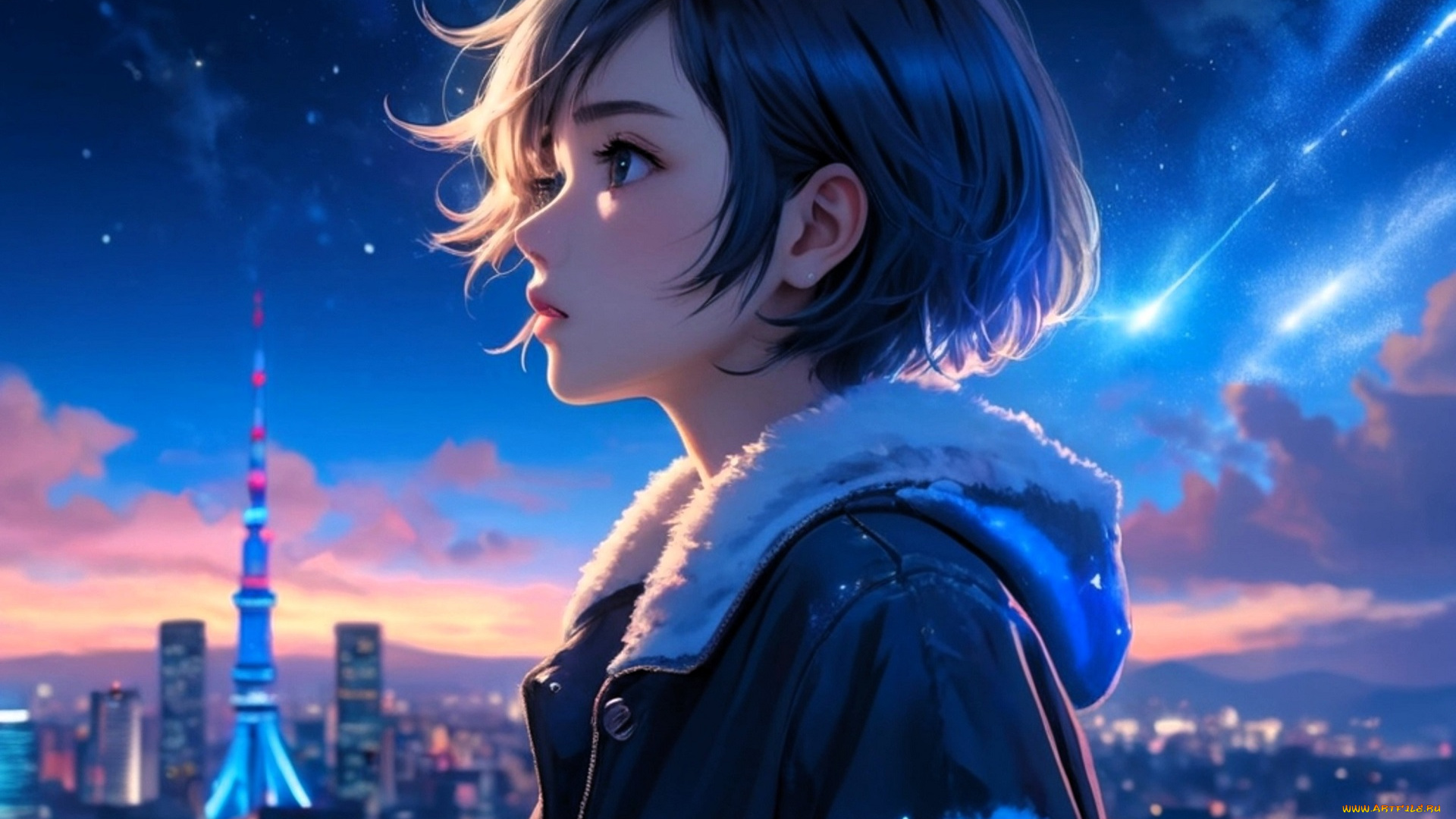 аниме, город, , улицы, , интерьер, , здания, девушка, куртка