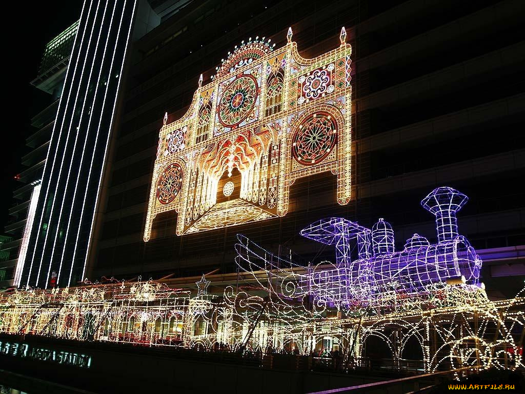 города, огни, ночного, nagoya, japan