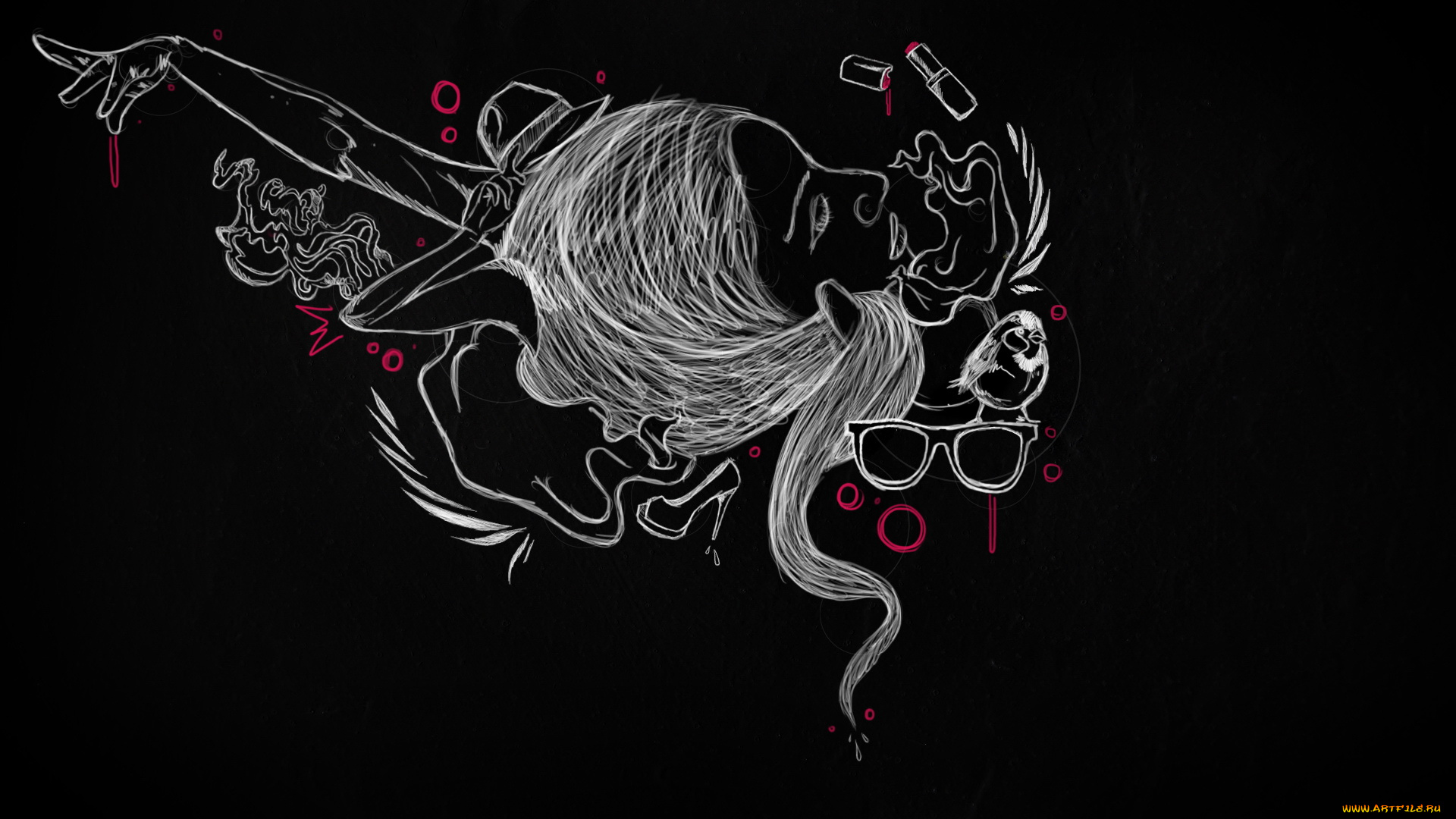 рисованные, люди, очки, девушка, птица