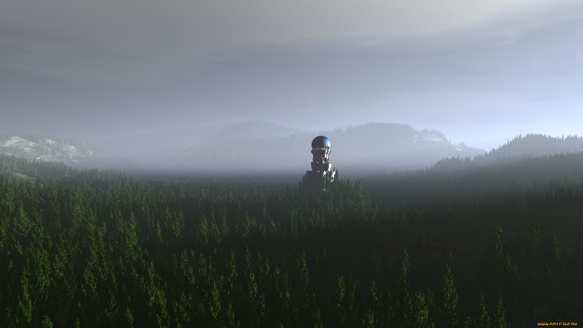 3д, графика, nature, landscape, природа, лес, башня