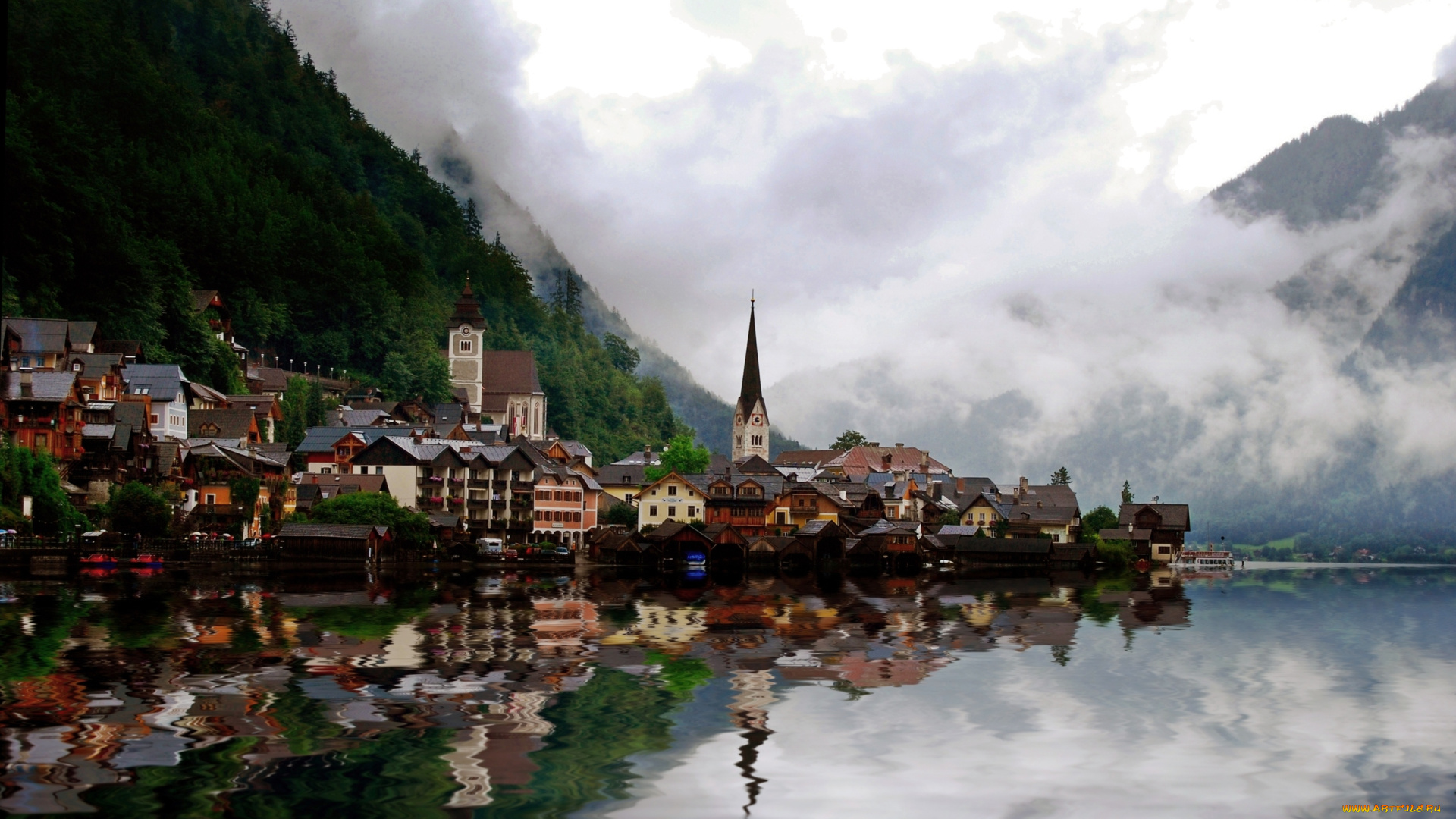 города, пейзажи, озеро, туман, горы, дома, шпиль