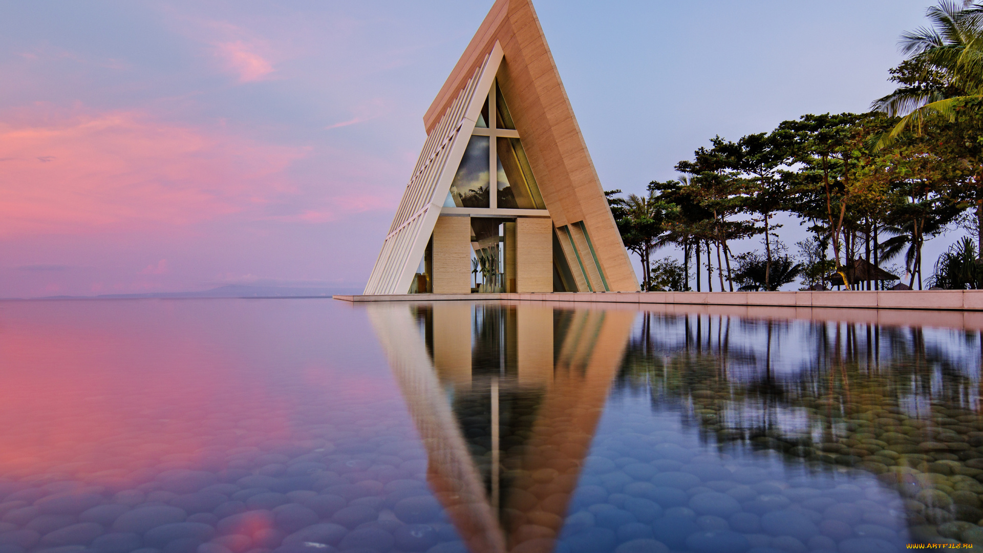 города, здания, дома, закат, камни, бассеин, пальмы, бали, курорты, гостиница, домик