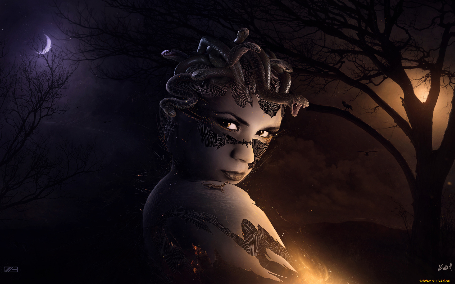 фэнтези, магия, медуза, горгона, змеи, ночь