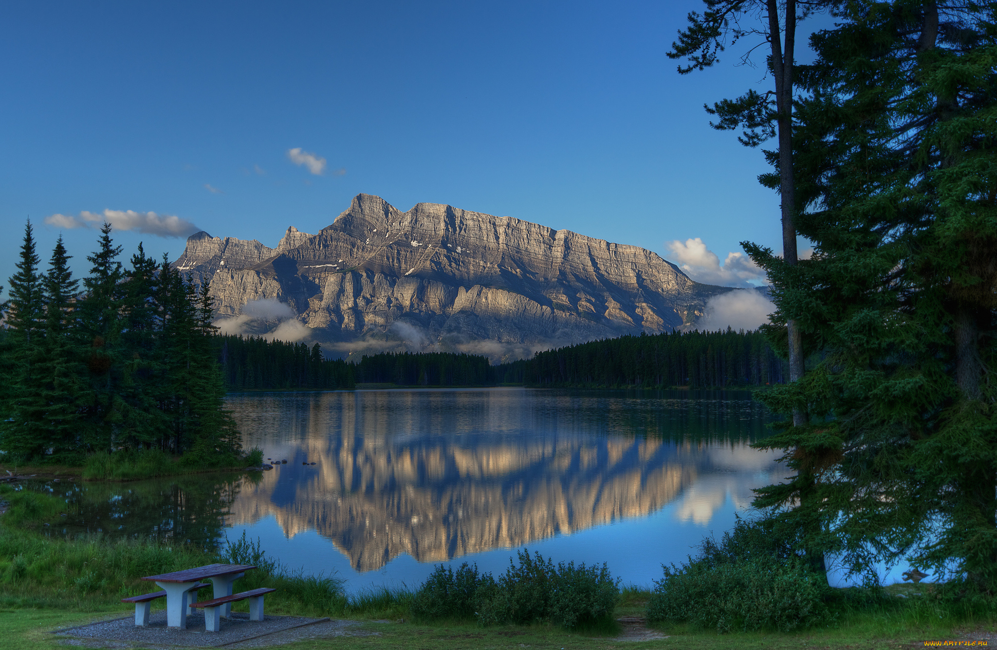 two, jack, lake, banff, national, park, canada, природа, реки, озера, деревья, отражение, пейзаж, гора, канада, озеро, mount, rundle