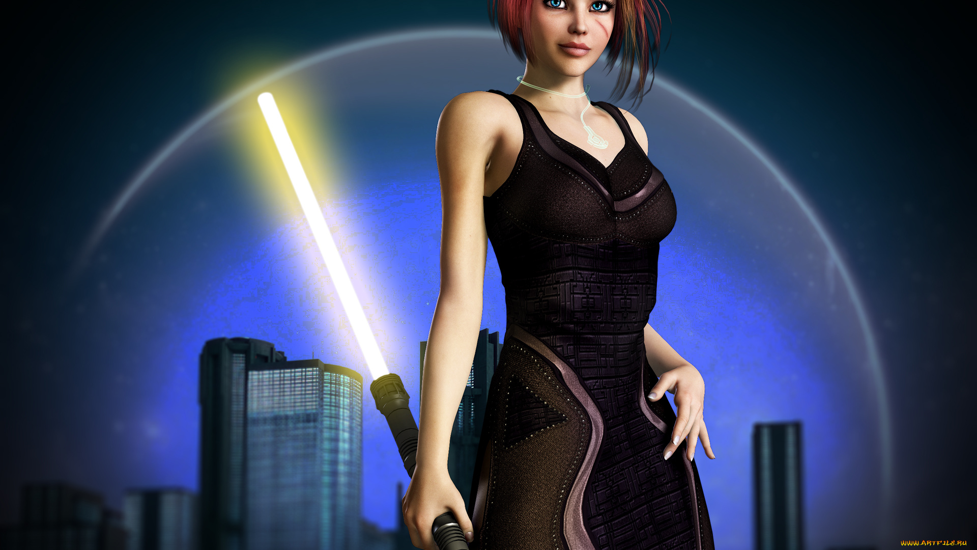 3д, графика, fantasy, фантазия, девушка, взгляд, город