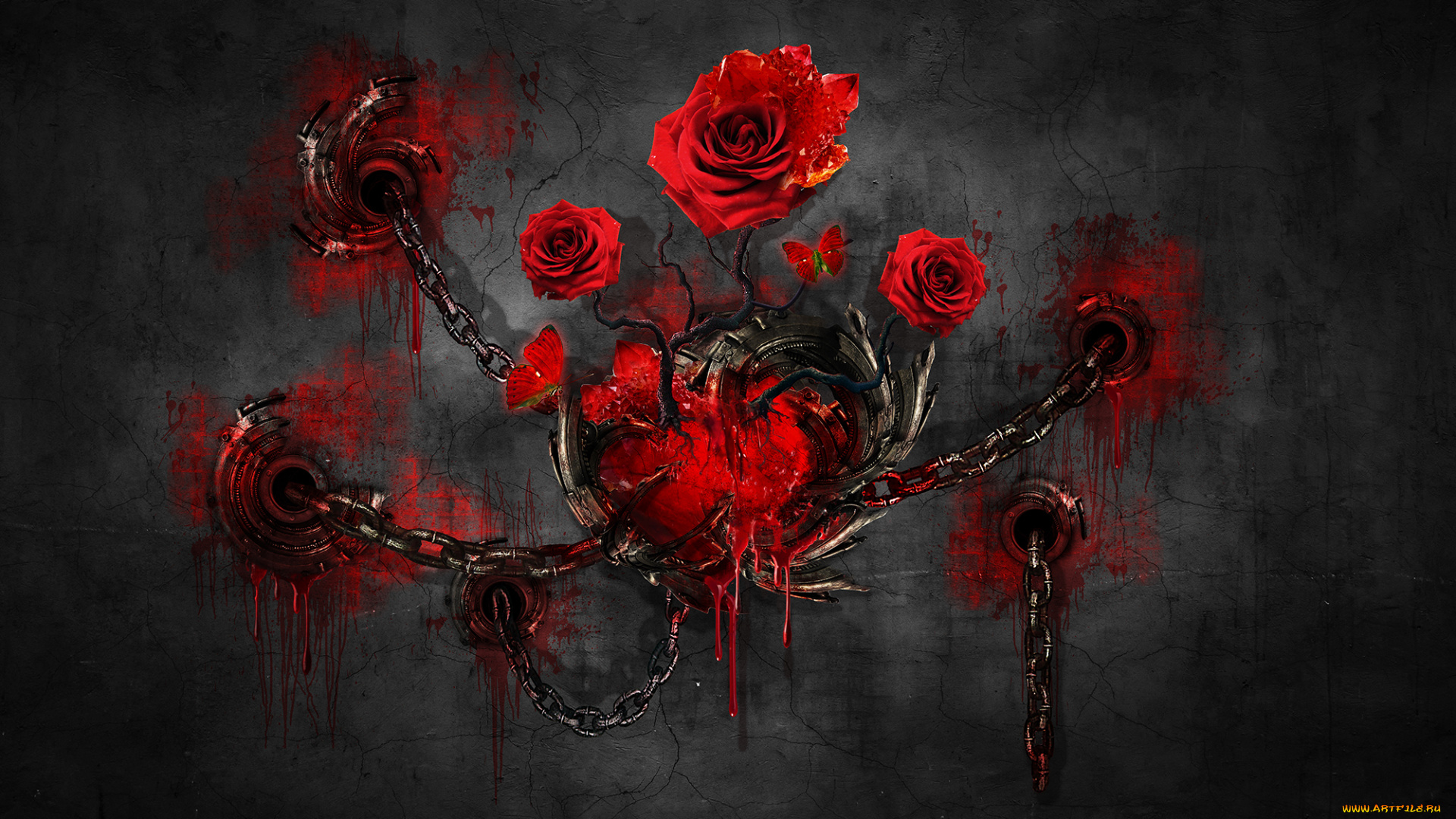 3д, графика, horror, ужас, кровь, стена, цветы