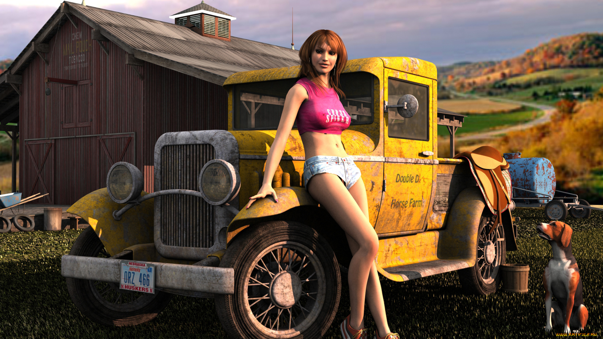 3д, графика, people, люди, девушка, автомобиль, собака, дом