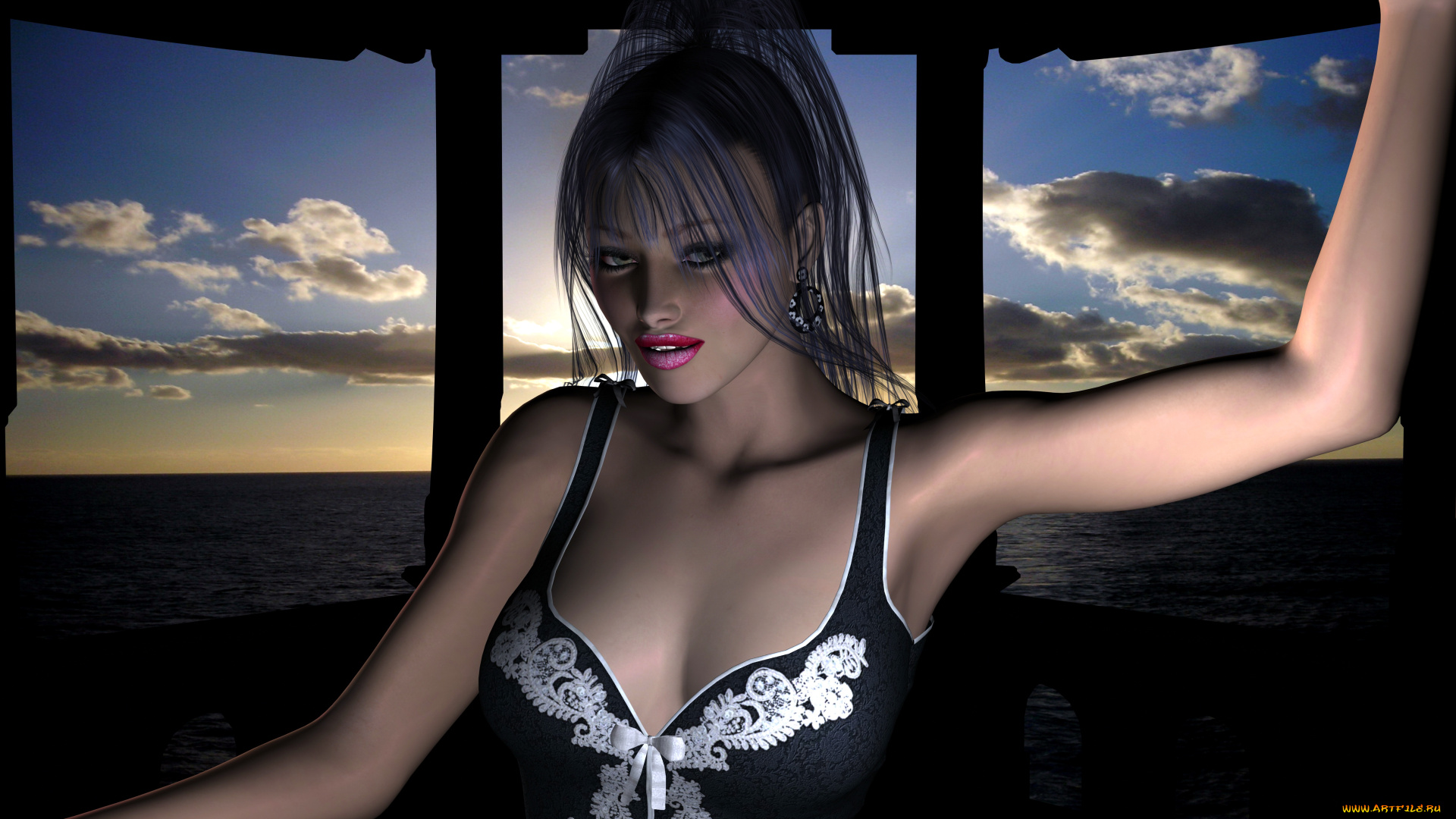 3д, графика, people, люди, взгляд, окно, облака, девушка