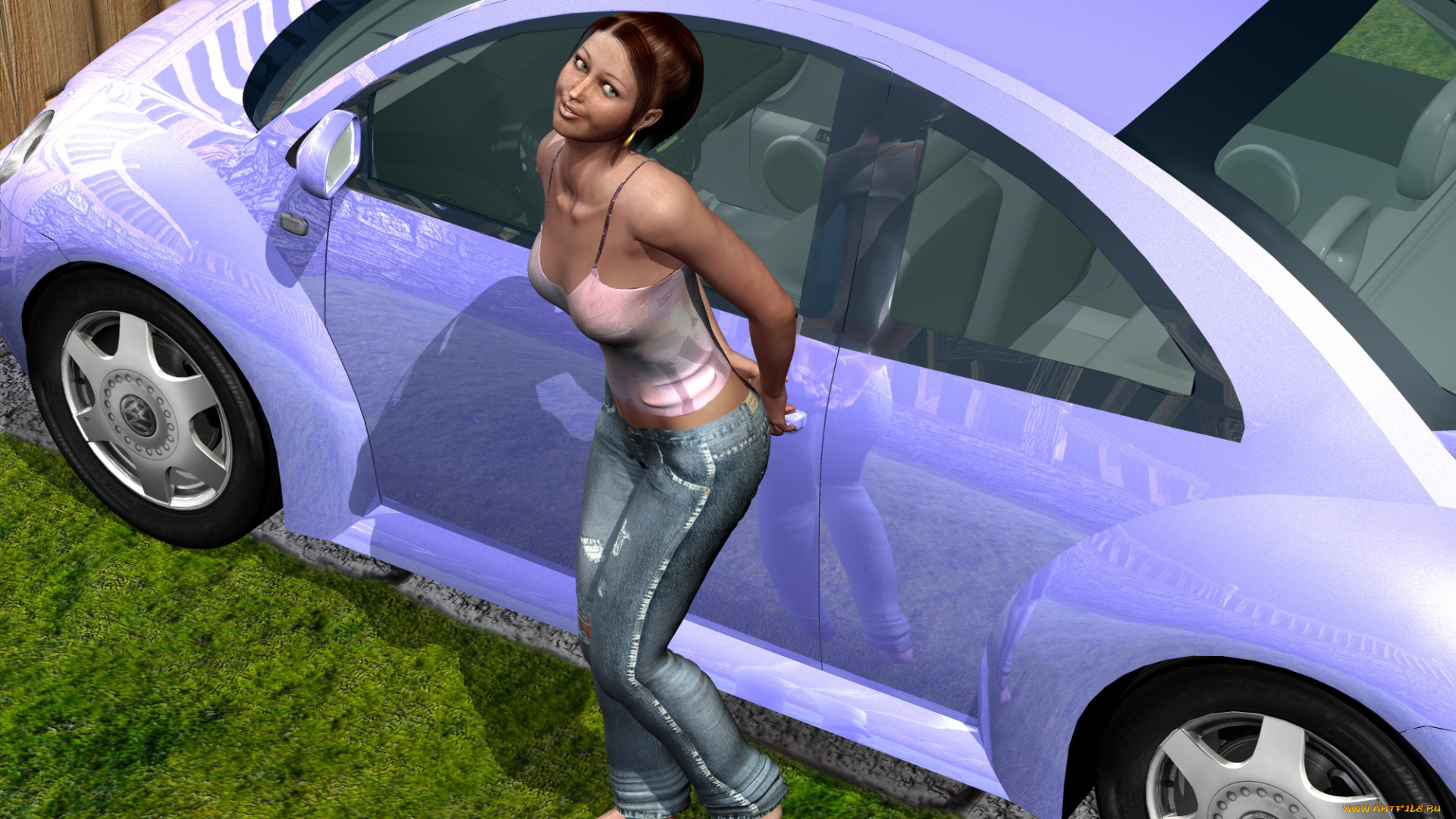 автомобили, 3д, улыбка, девушка, автомобиль