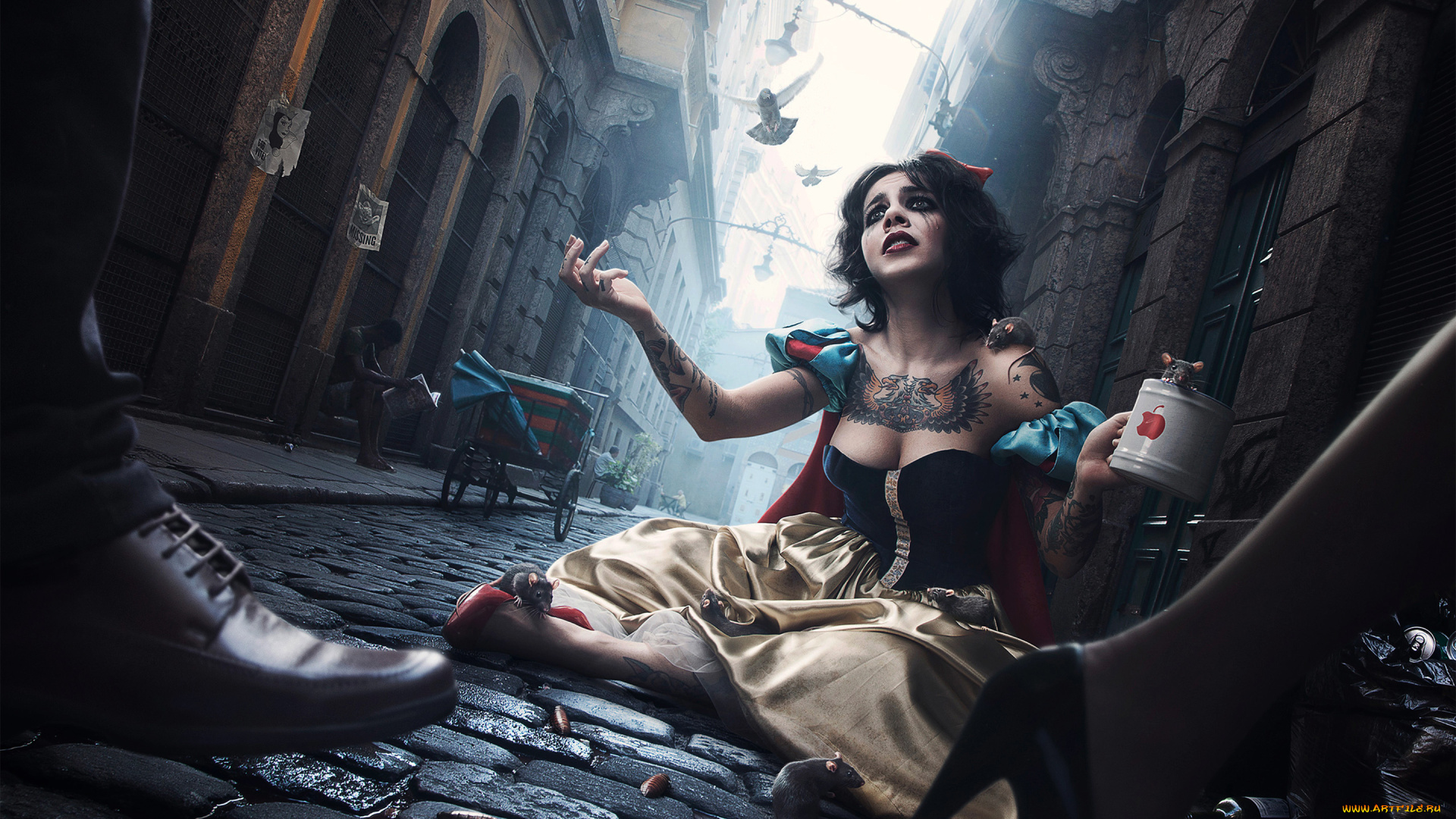 фэнтези, девушки, кружка, мыши, девушка, улица