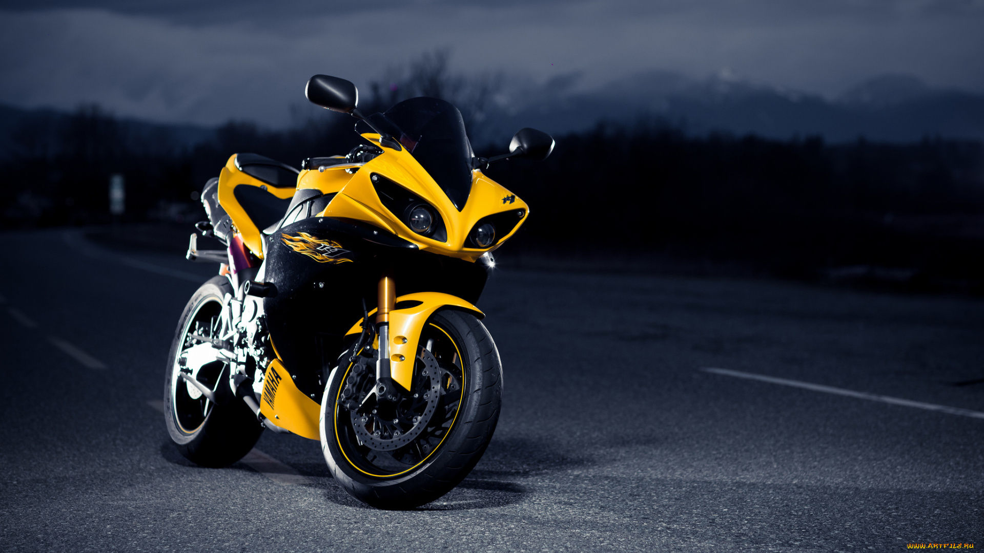 мотоциклы, yamaha, black, r1, road, superbike, yellow, супербайк, Ямаха, night, дорога, желтый, черный, ночь