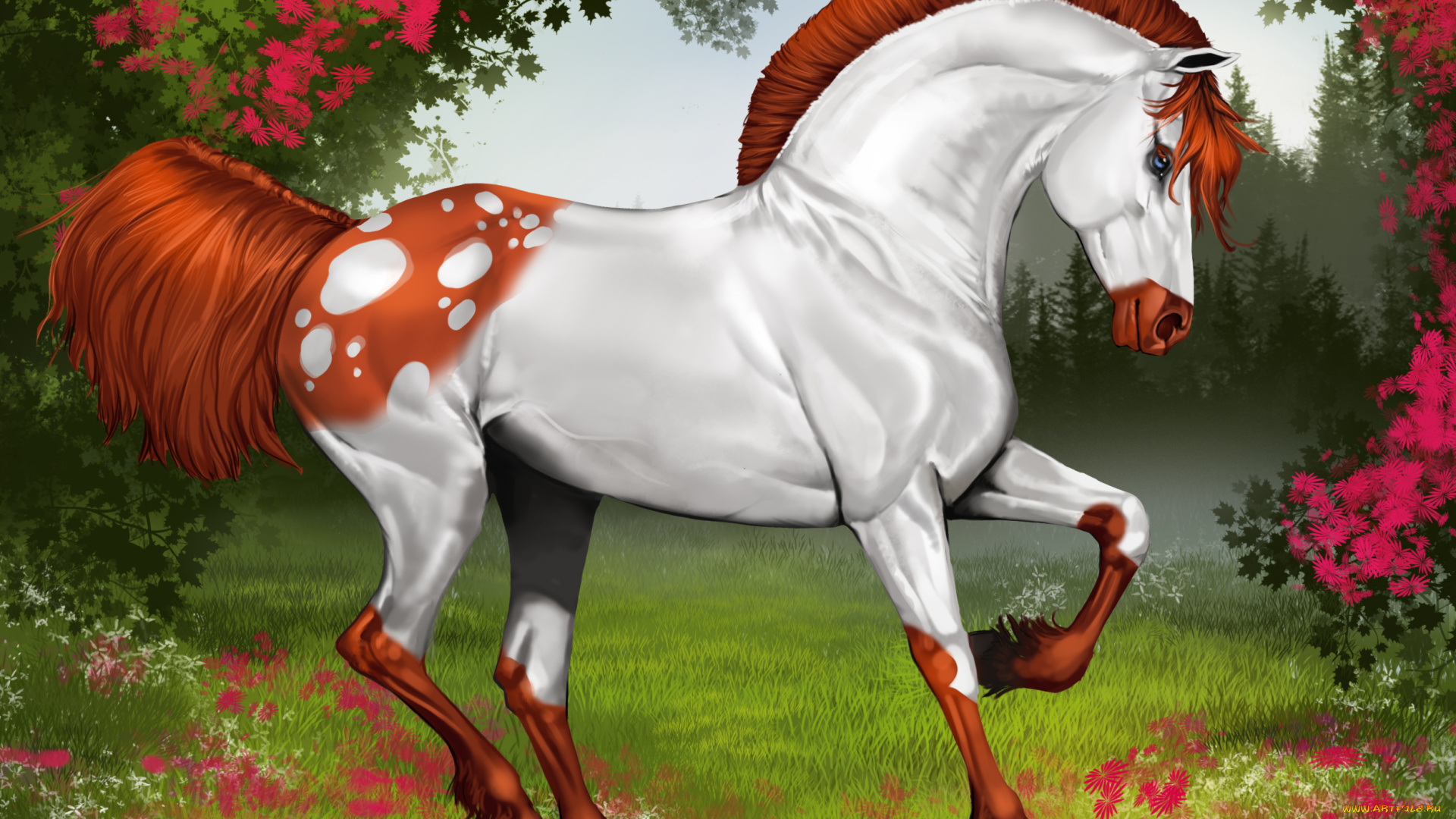 рисованные, животные, лошади, лошадь, деревья