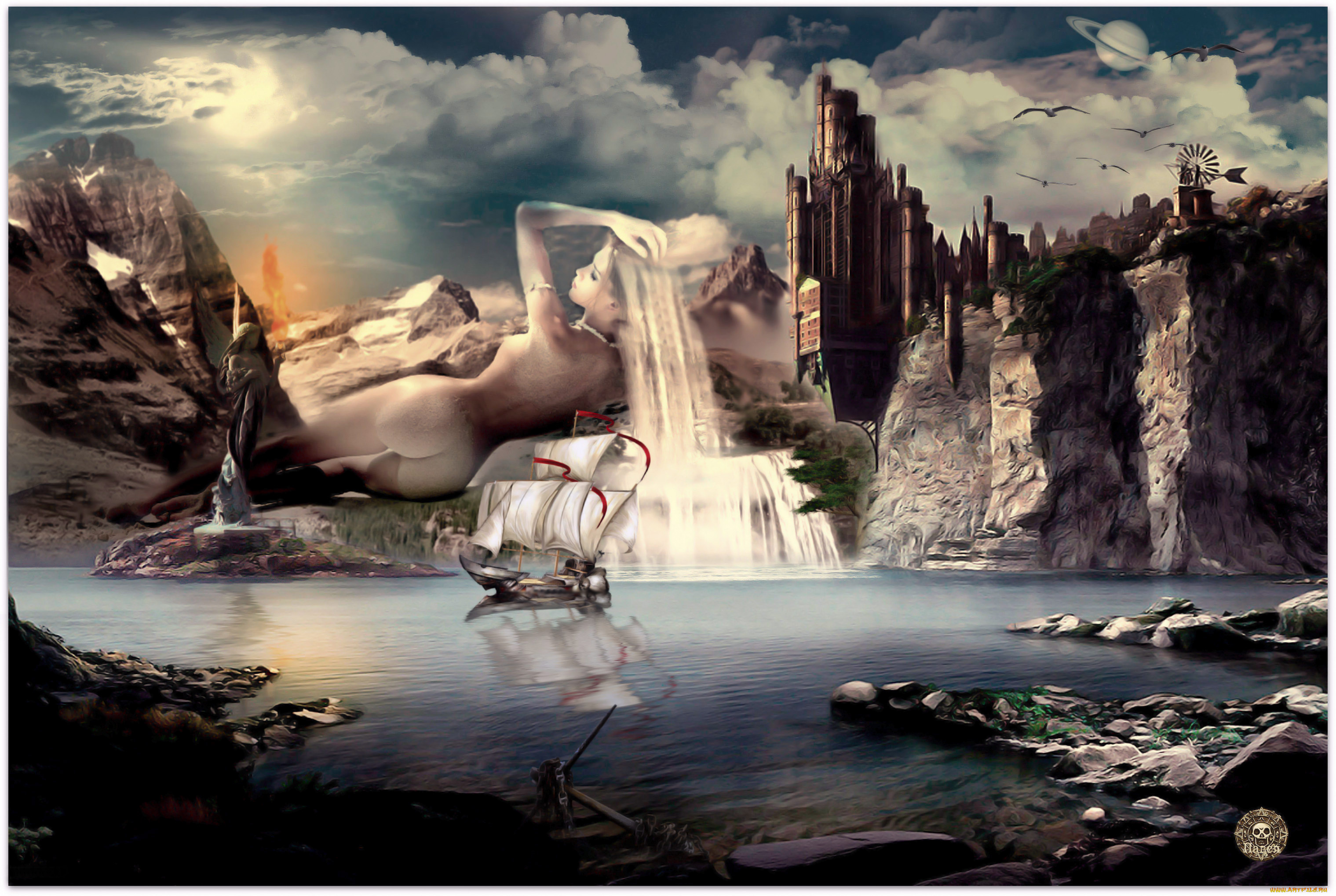 фэнтези, пейзажи, парусник, бухта