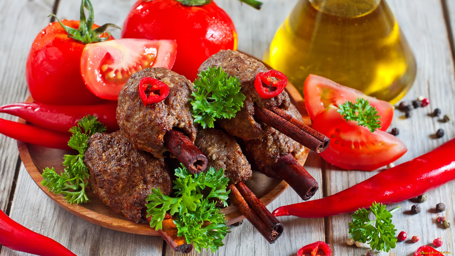 еда, мясные, блюда, корица, кебаб, помидор, чили