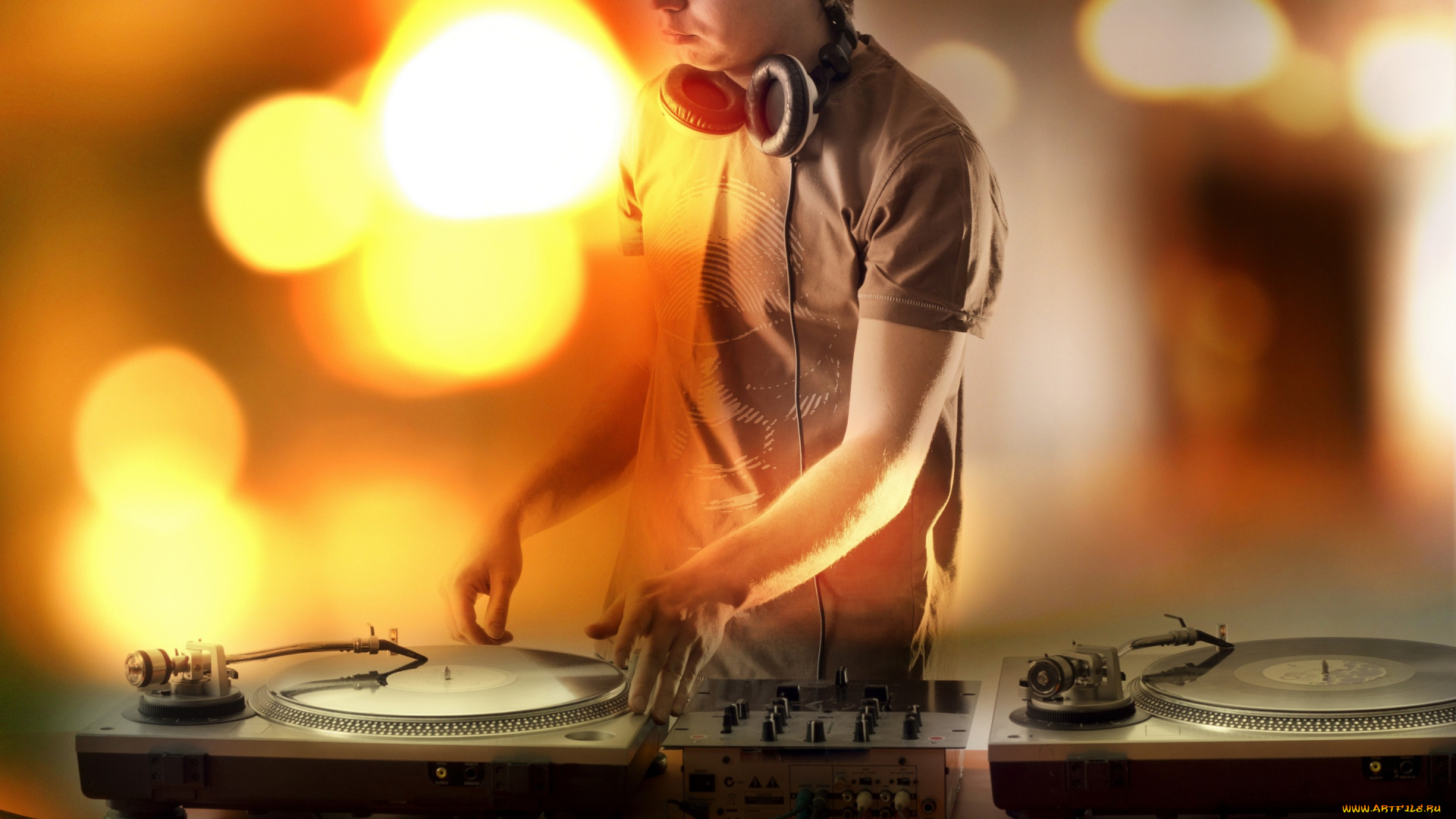 музыка, -, другое, клуб, наушники, парень, диджей, пластины