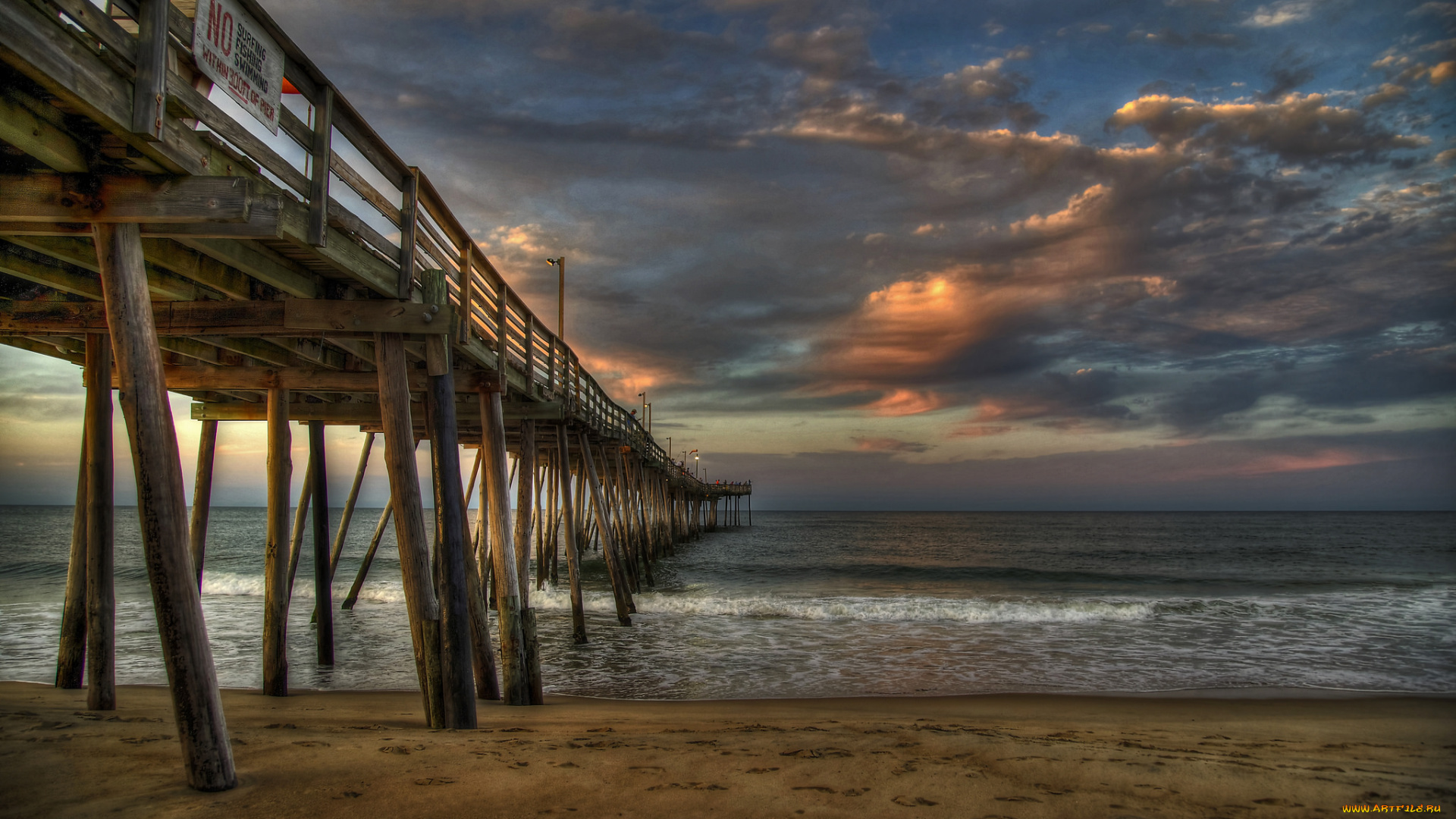 природа, побережье, тучи, мост, пляж, океан