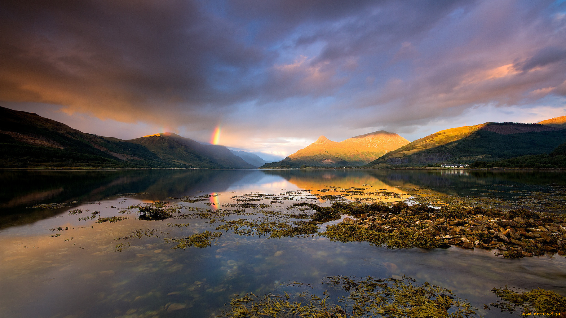 природа, радуга, тучи, облака, горы, озеро, лох-левен, шотландия