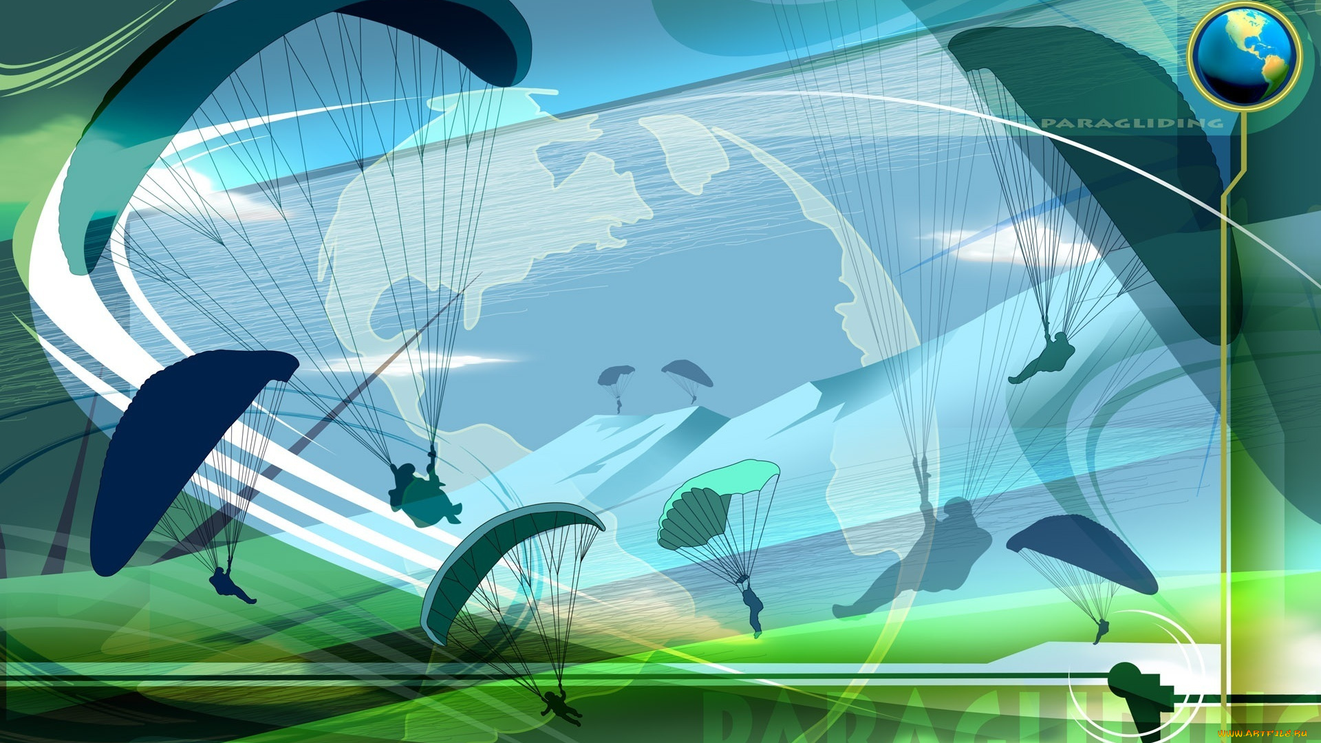 векторная, графика, коллаж, полет, парашют, paragliding, силуэт