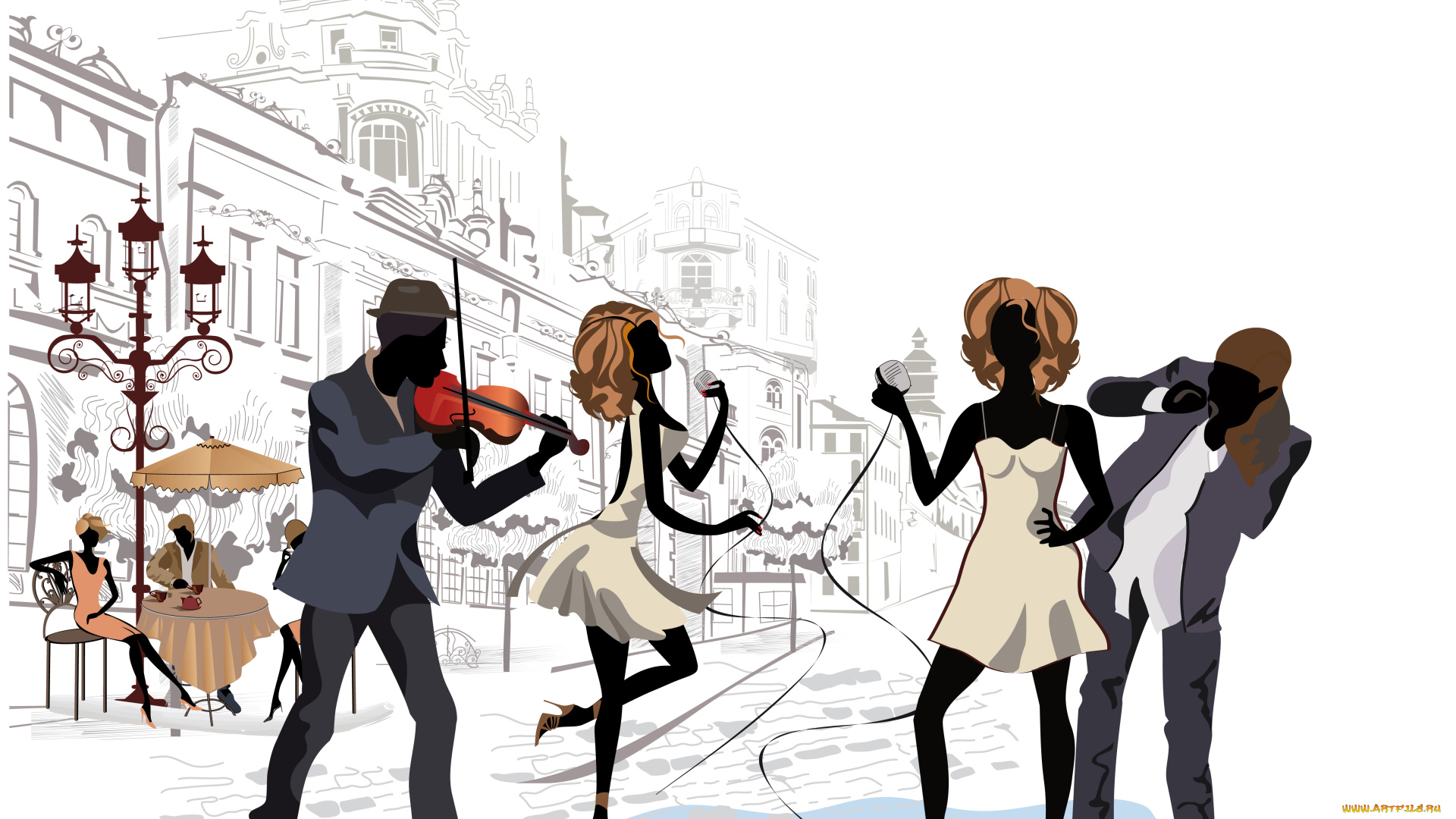 векторная, графика, люди, музыка, парни, девушки, girls, square, guys, music, город, улица, площадь, street, paris