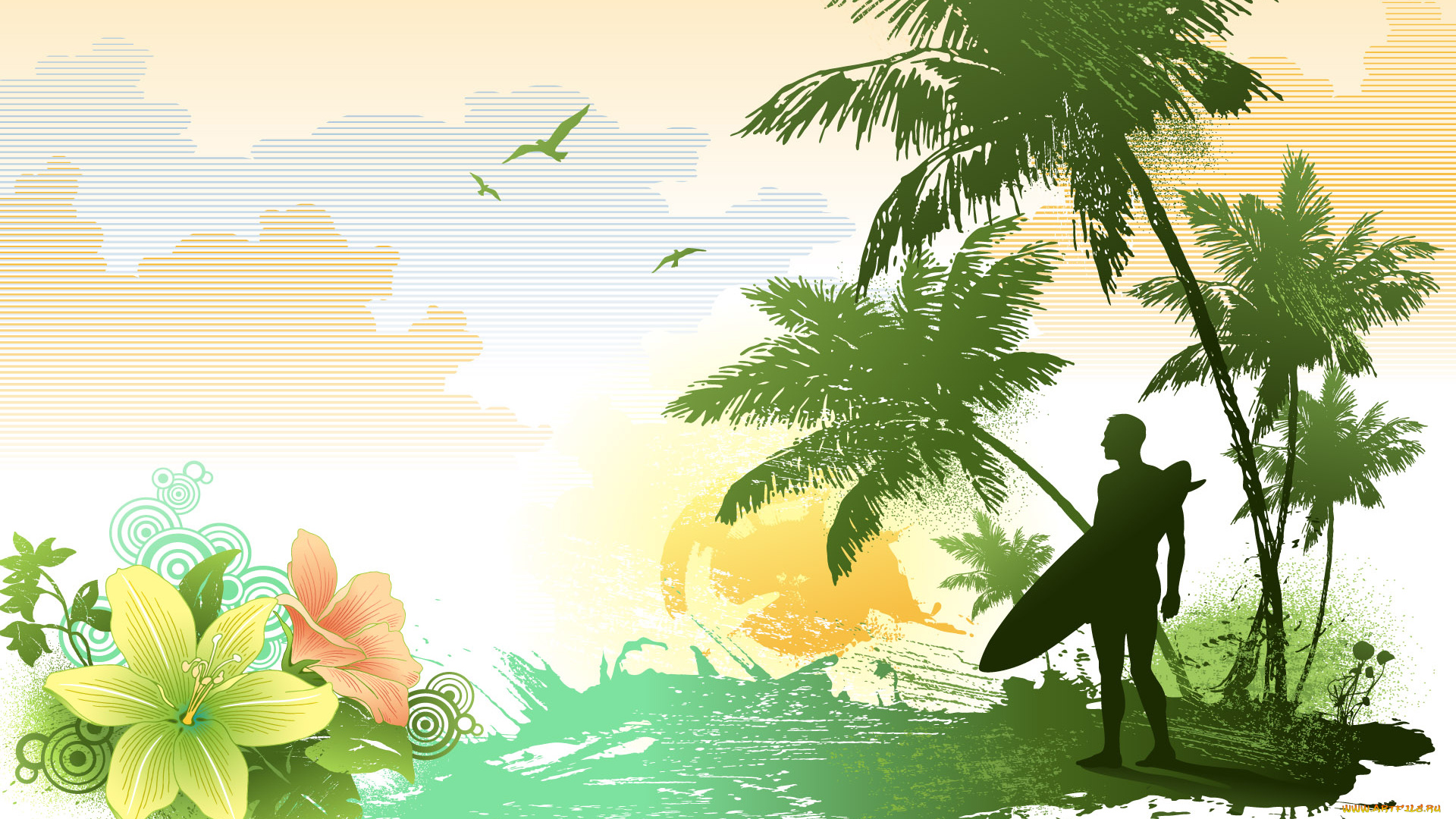 векторная, графика, люди, птица, цветы, мужчина, море, пальмы