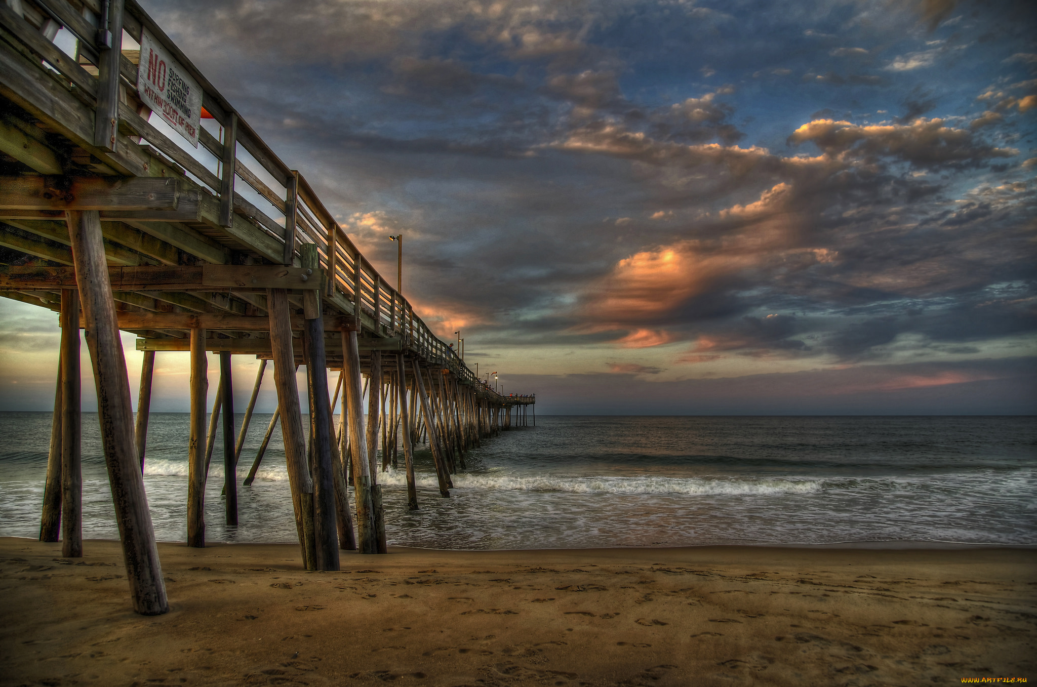 природа, побережье, тучи, мост, пляж, океан