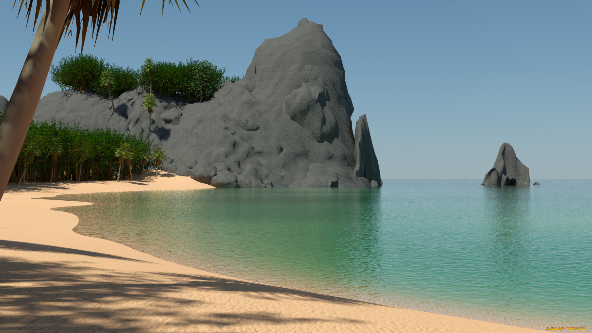 3д, графика, природа, , nature, лес, пляж, скала, море