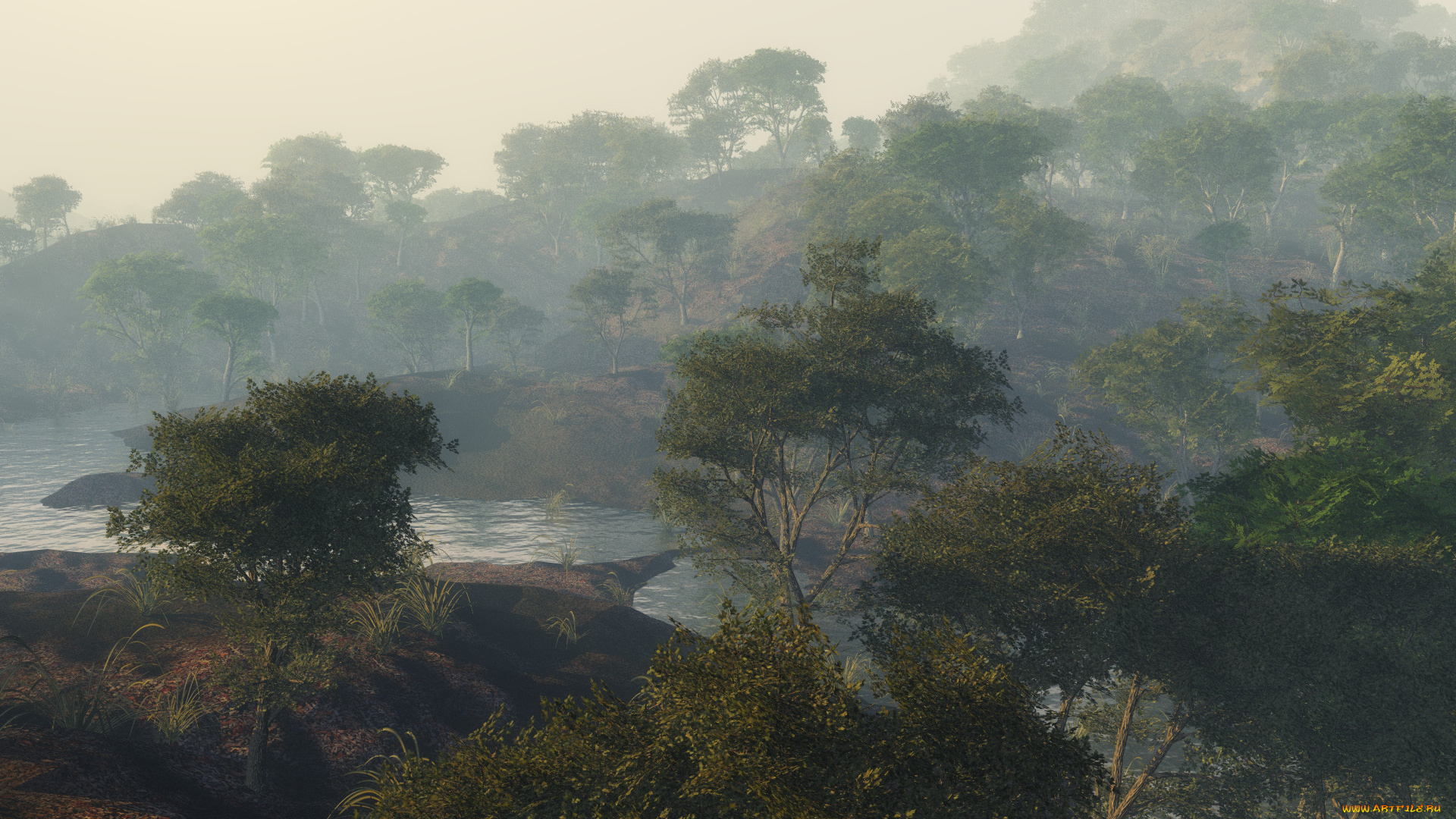 3д, графика, природа, , nature, река, лес, туман