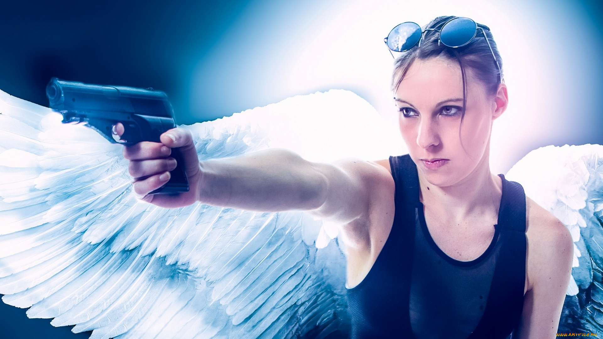 девушки, -unsort, , креатив, ангел, девушка, оружие, пистолет, крылья, настроение, очки