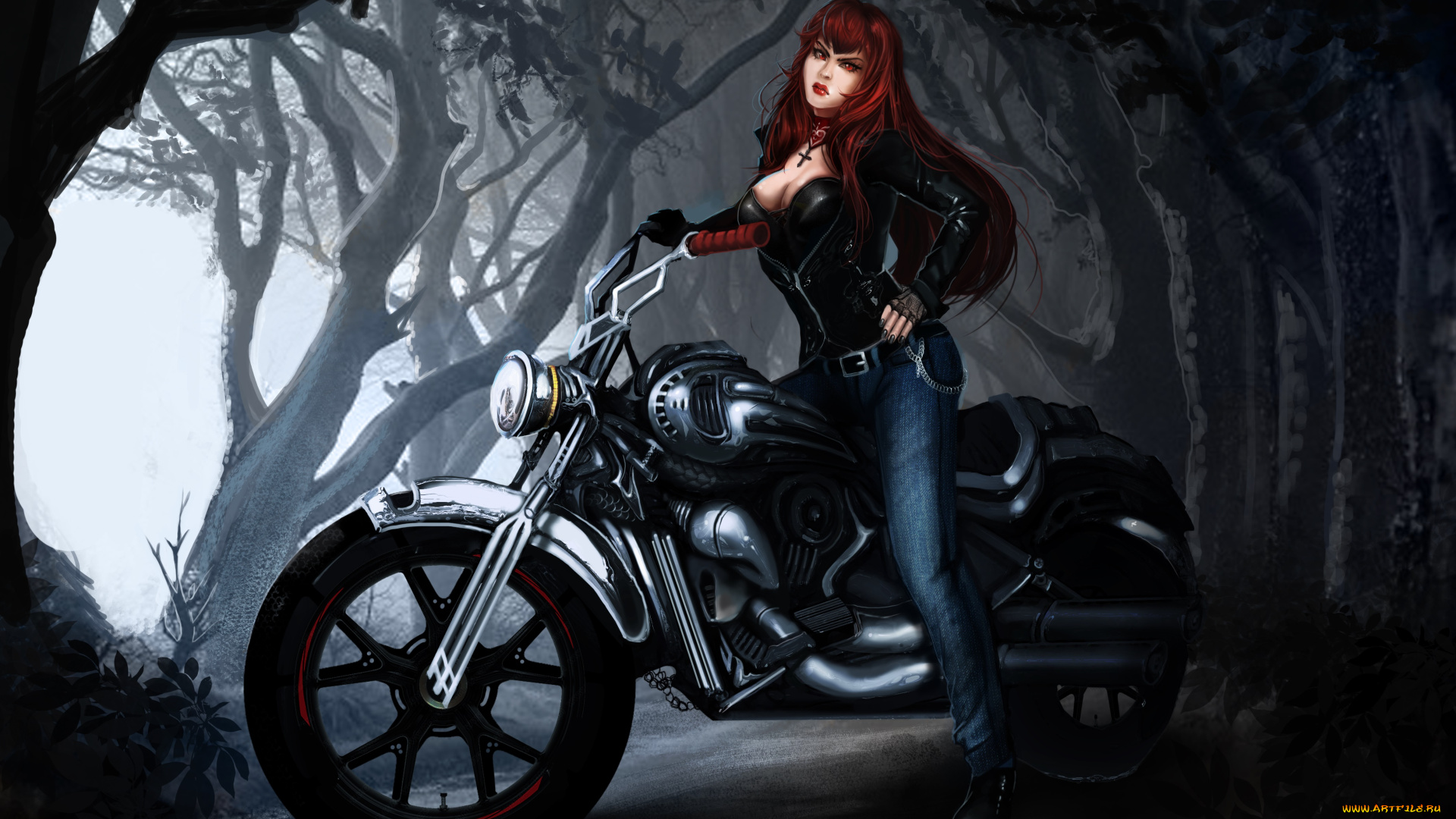 рисованное, люди, мотоцикл, фон, взгляд, девушка