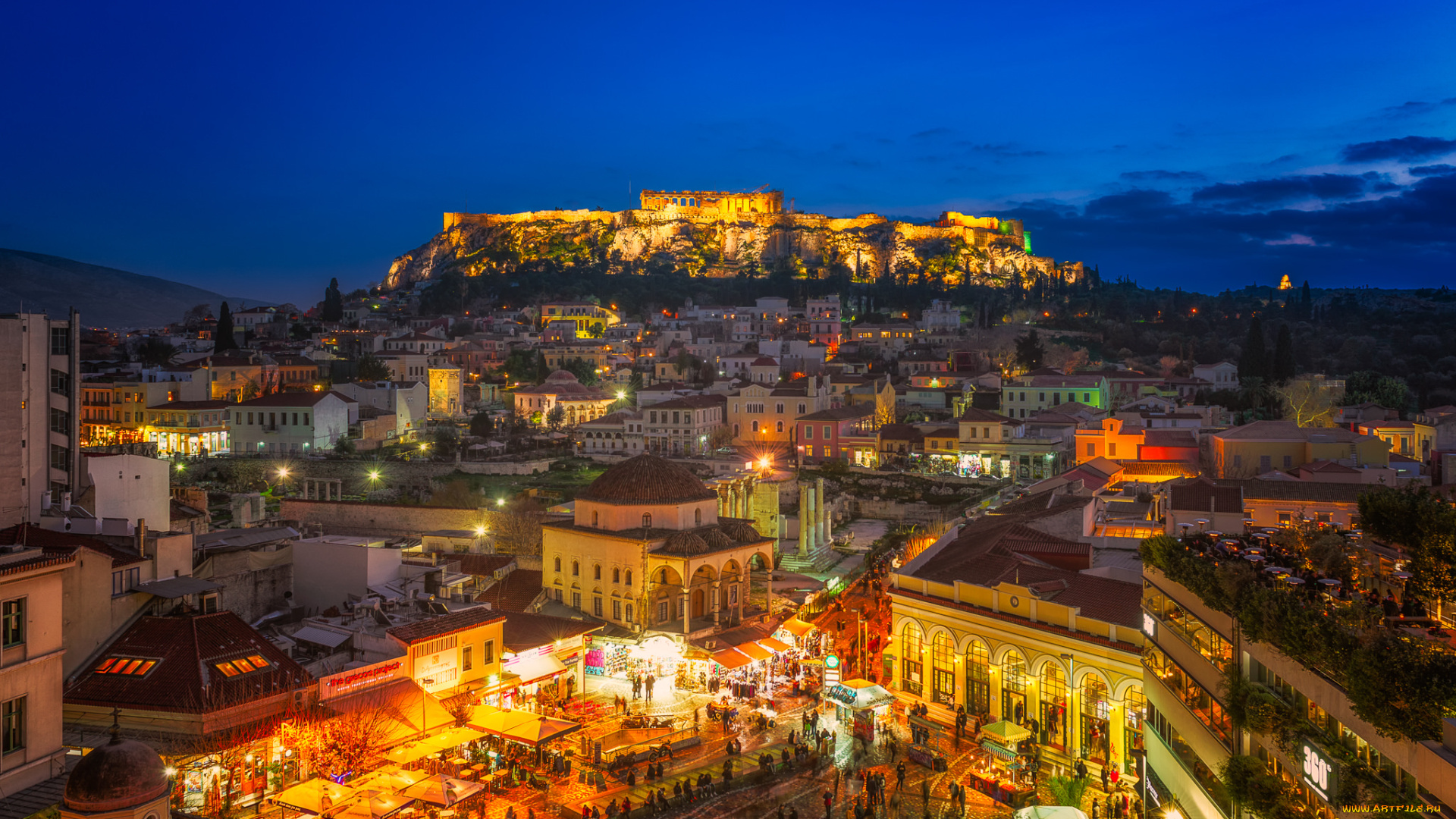 athens, monastiraki, square, at, night, города, афины, , греция, панорама