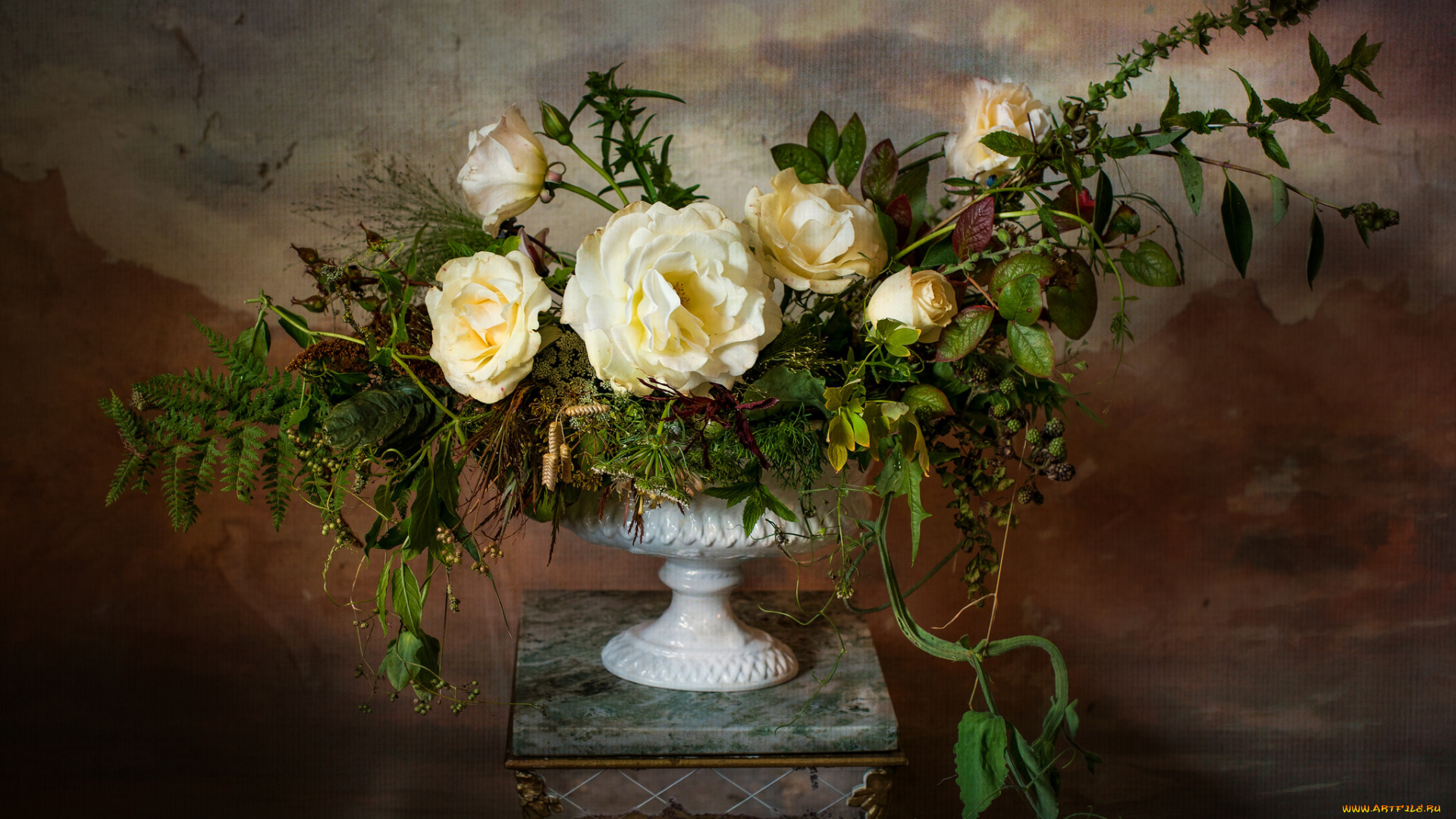 цветы, розы, композиция, ваза, зелень