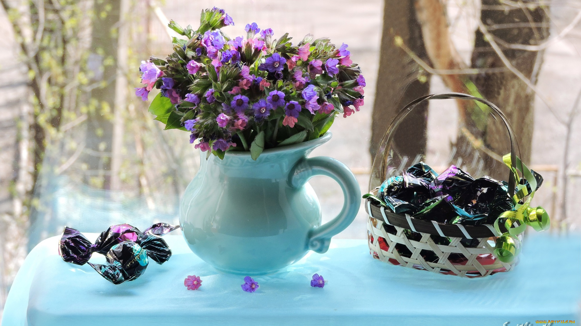 еда, конфеты, , шоколад, , сладости, композиция, весна, букетик, smithiantha, цветы, фото, натюрморт, медуница