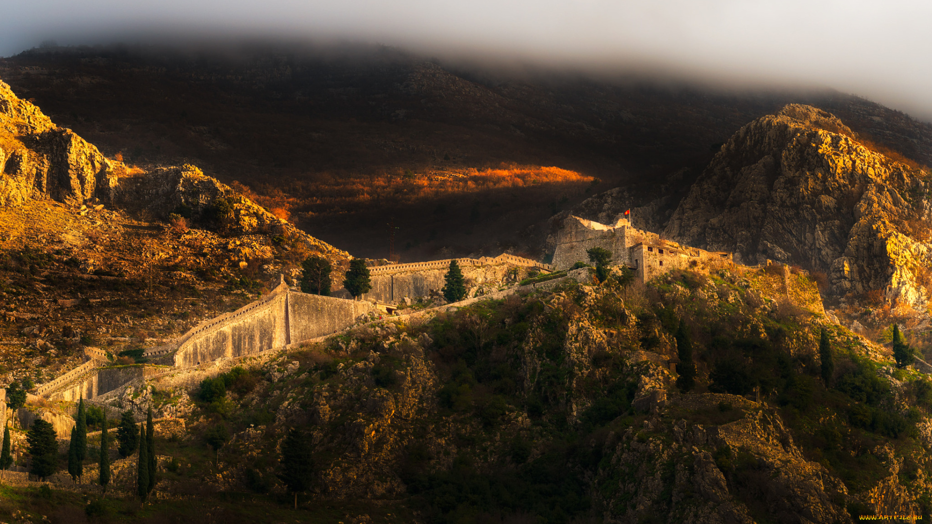 kotor, castle, in, the, clouds, города, -, панорамы, ночь, бухта