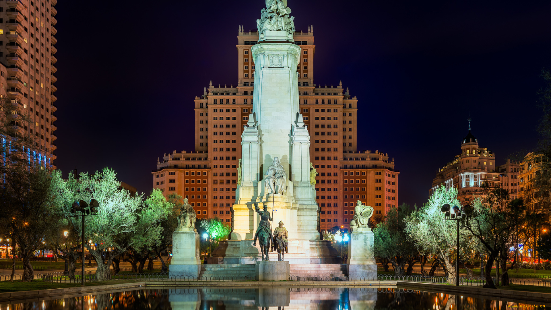 madrid, , don, quixote, города, мадрид, , испания, огни, ночь, памятник
