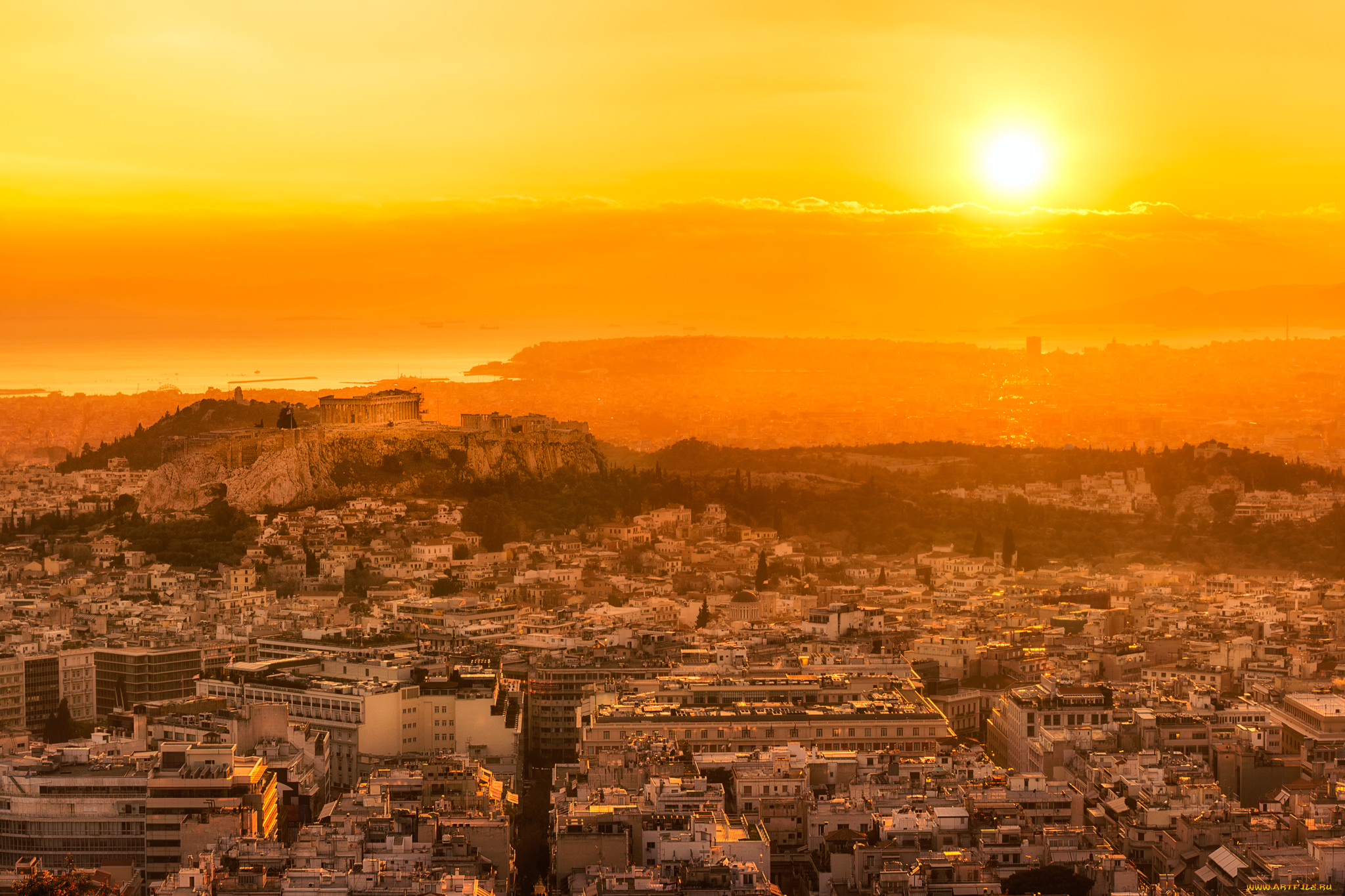 athens, lycabettus, hill, sunset, города, афины, , греция, панорама
