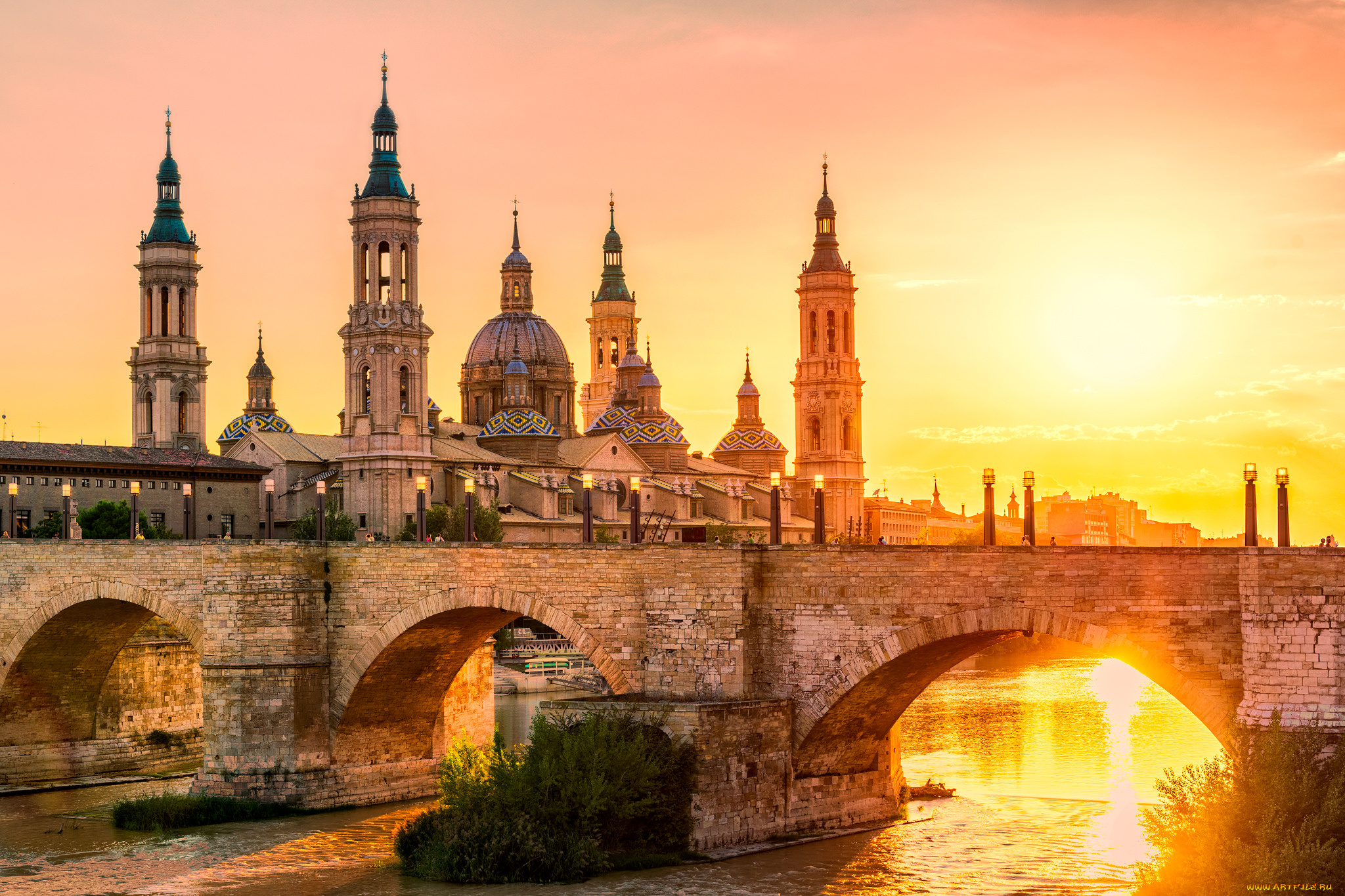 zaragoza, pilar, sunset, города, -, мосты, панорама