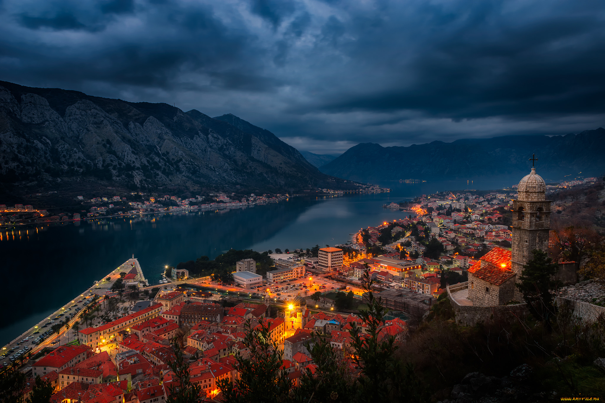 kotor, bay, views, города, -, огни, ночного, города, ночь, бухта