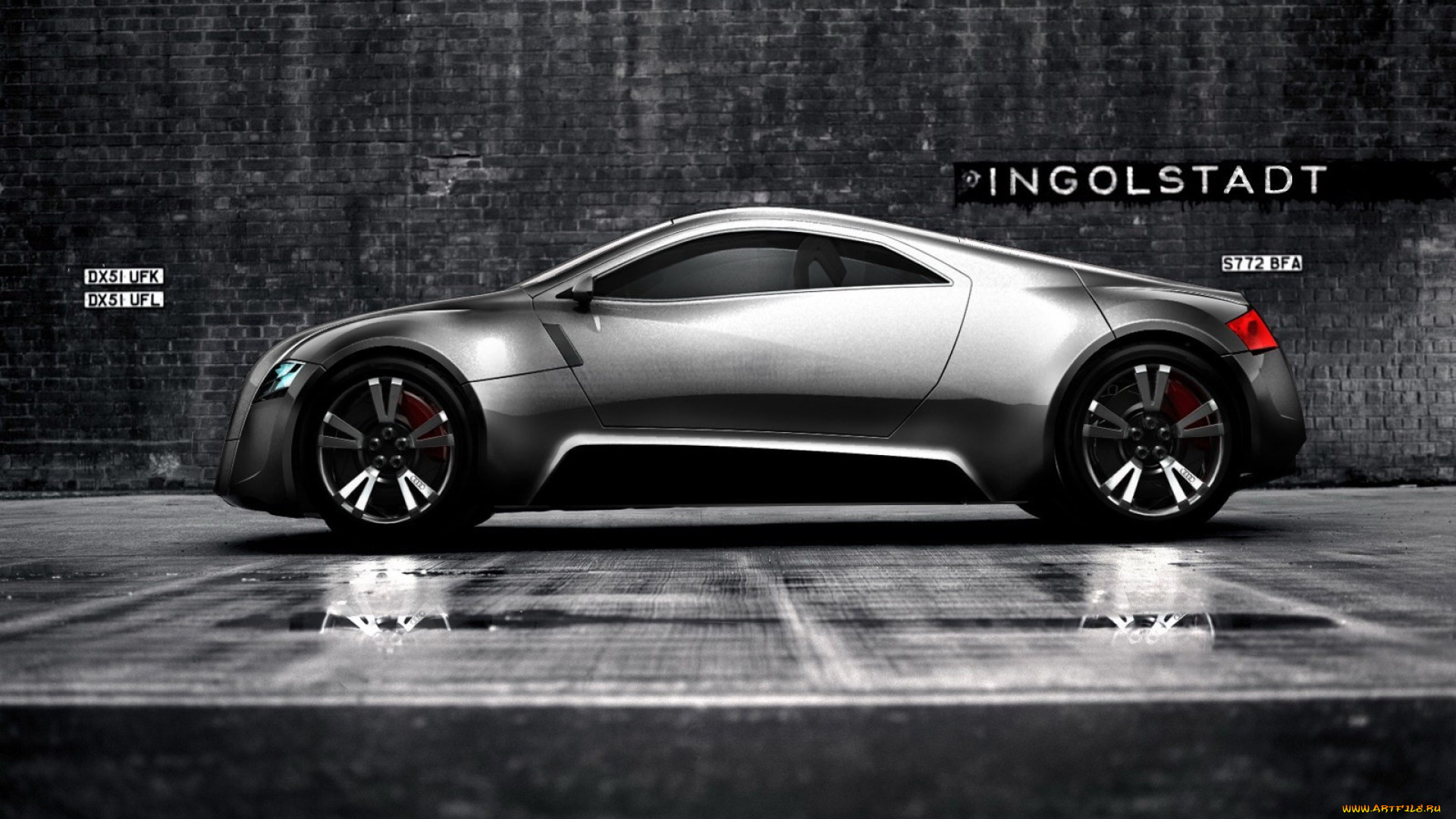 автомобили, 3д, серебристый, лужи, площадка, стена