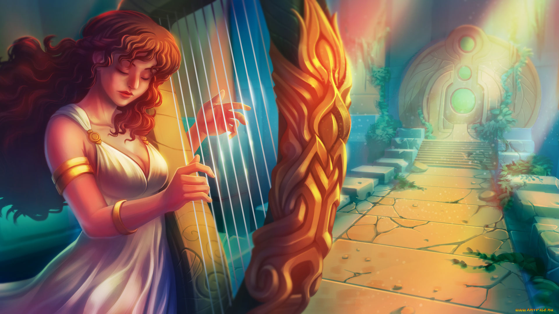 фэнтези, девушки, арфа, фон, девушка