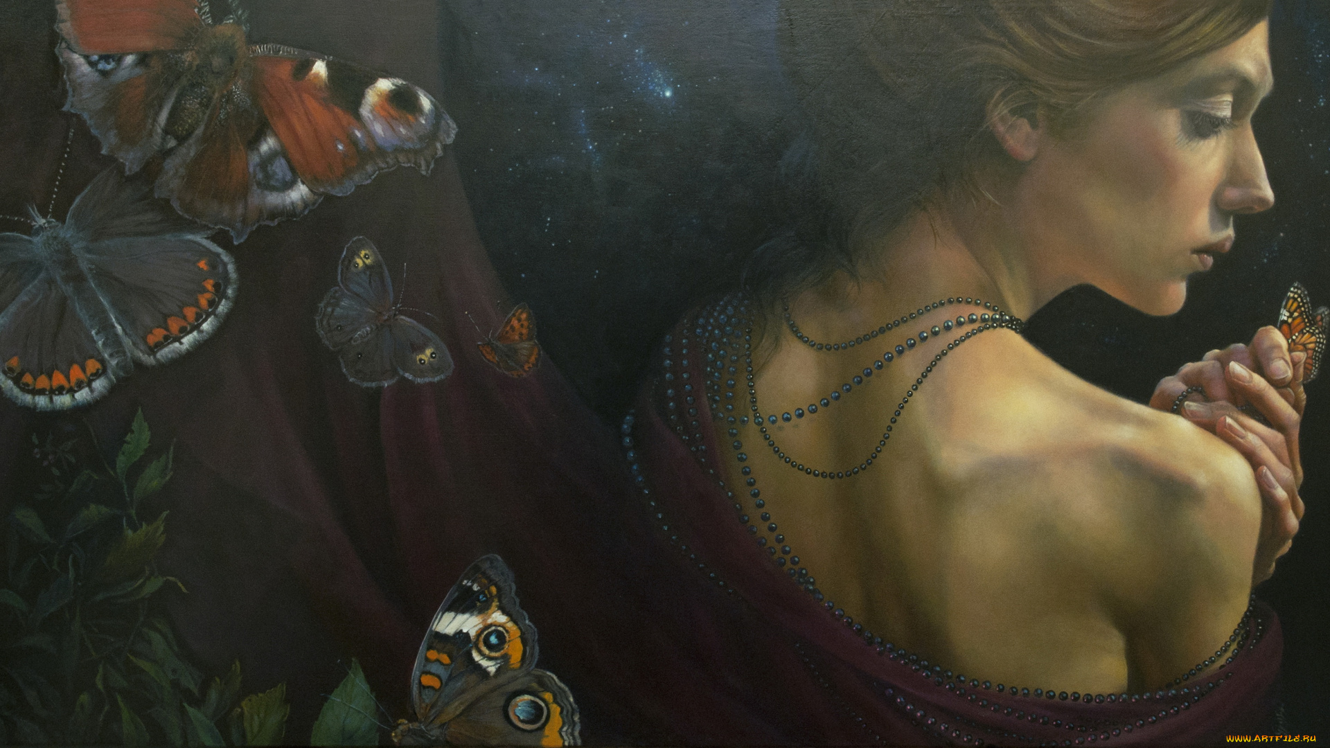 рисованное, живопись, девушка, бабочки, фон