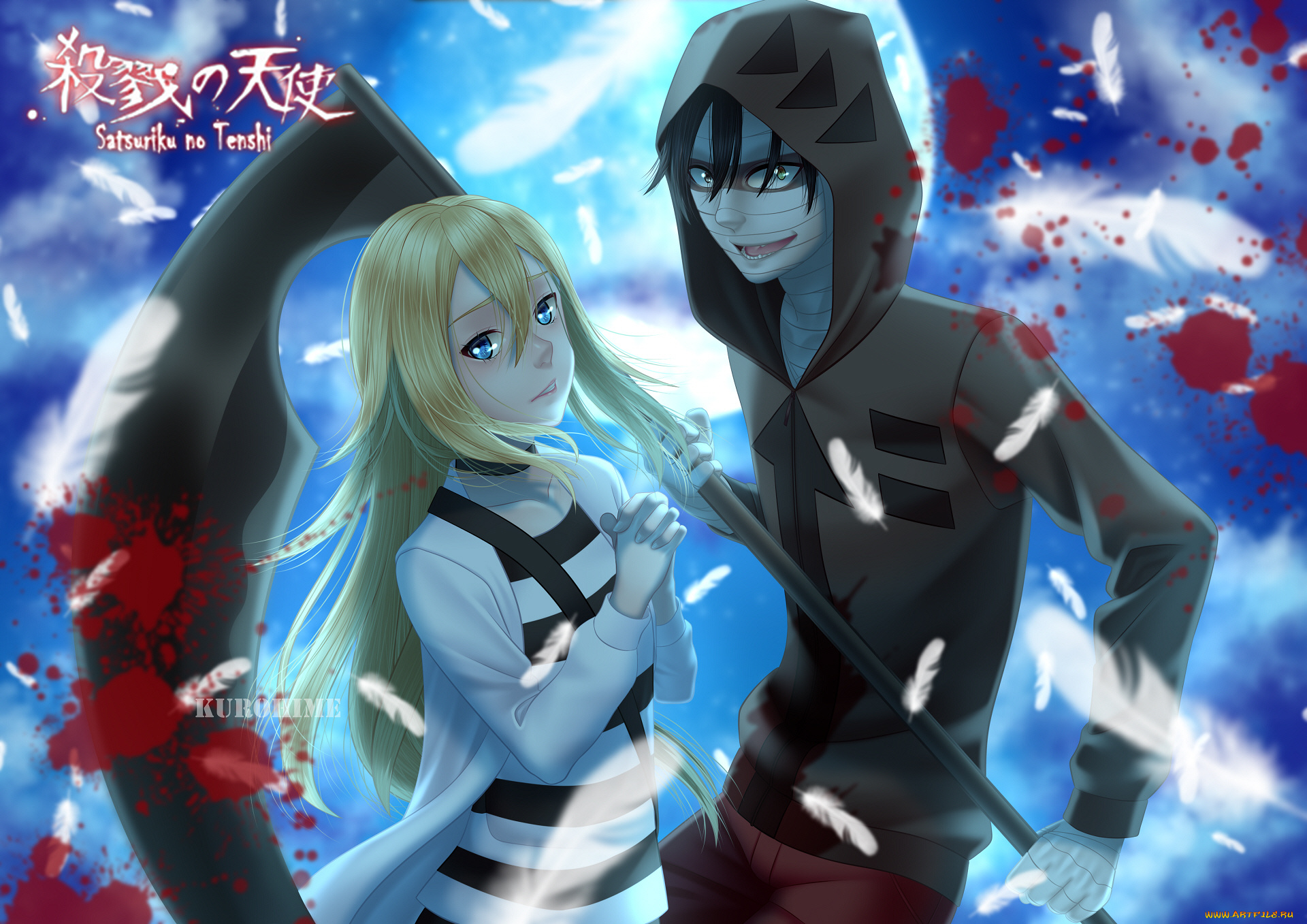 аниме, satsuriku, no, tenshi, satsuriku, no, tenshi, ангел, кровопролития, парень, девушка