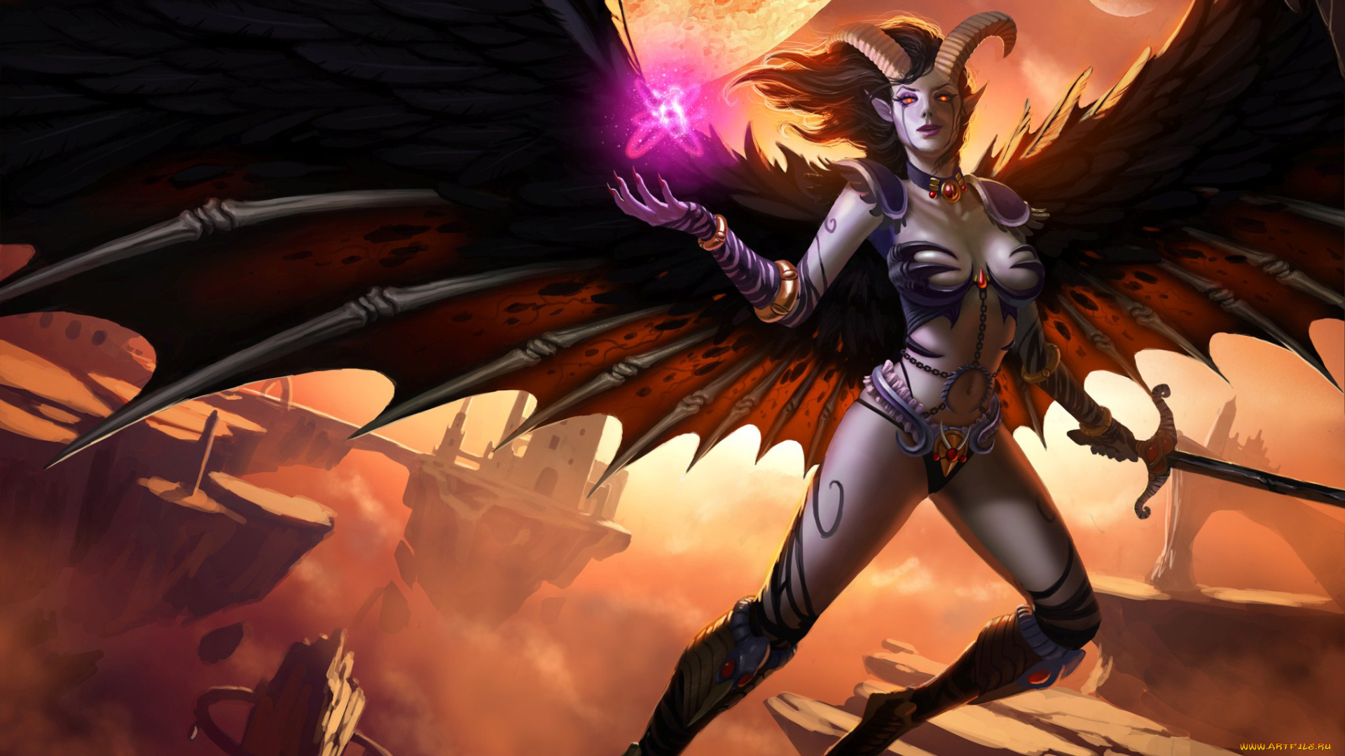 фэнтези, демоны, меч, рога, магия, униформа, девушка, фон, крылья, взгляд